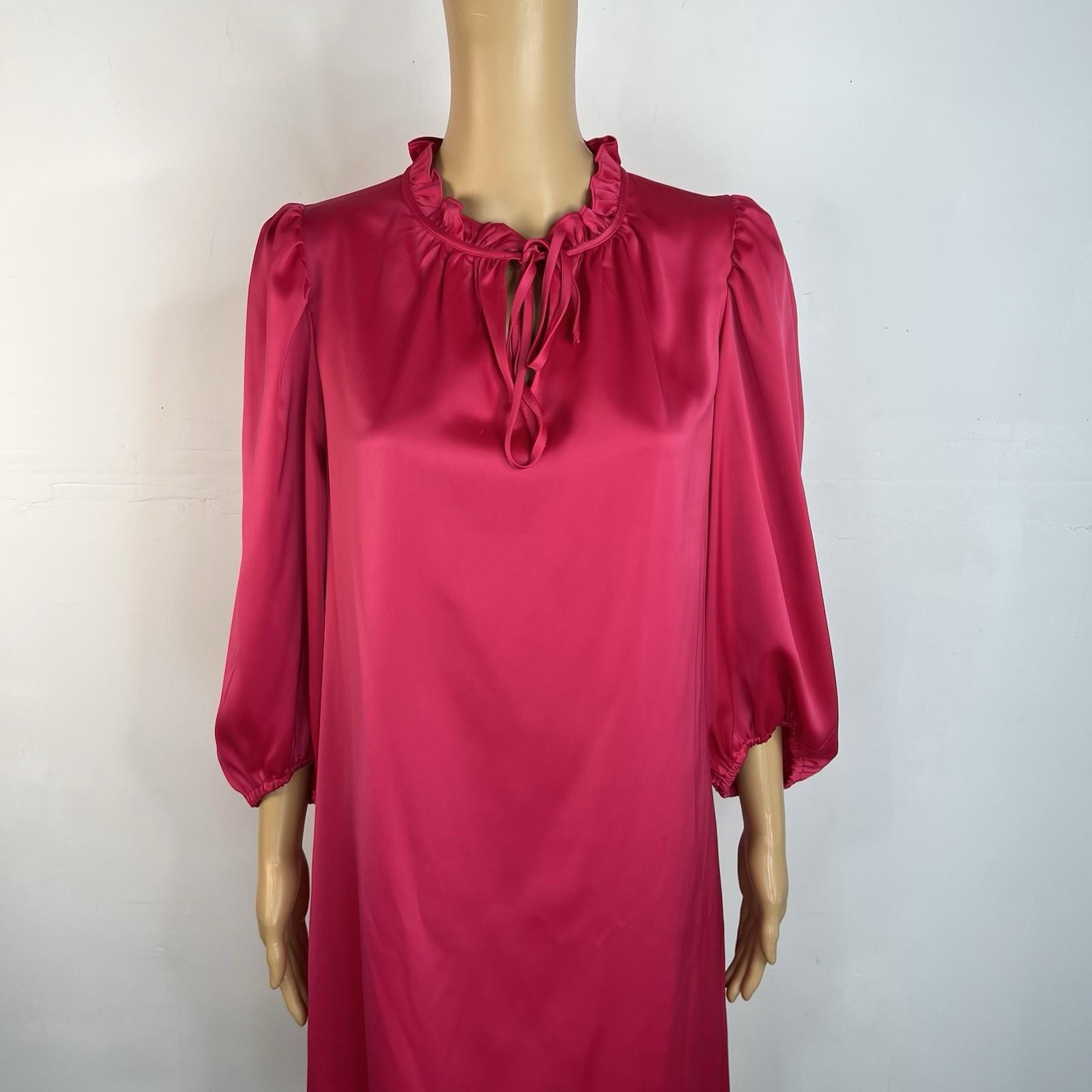 Anne Klein Silk Like Fuchsia Shift Dress Size 6 Tie Neck Bubble Sleeves Pullover