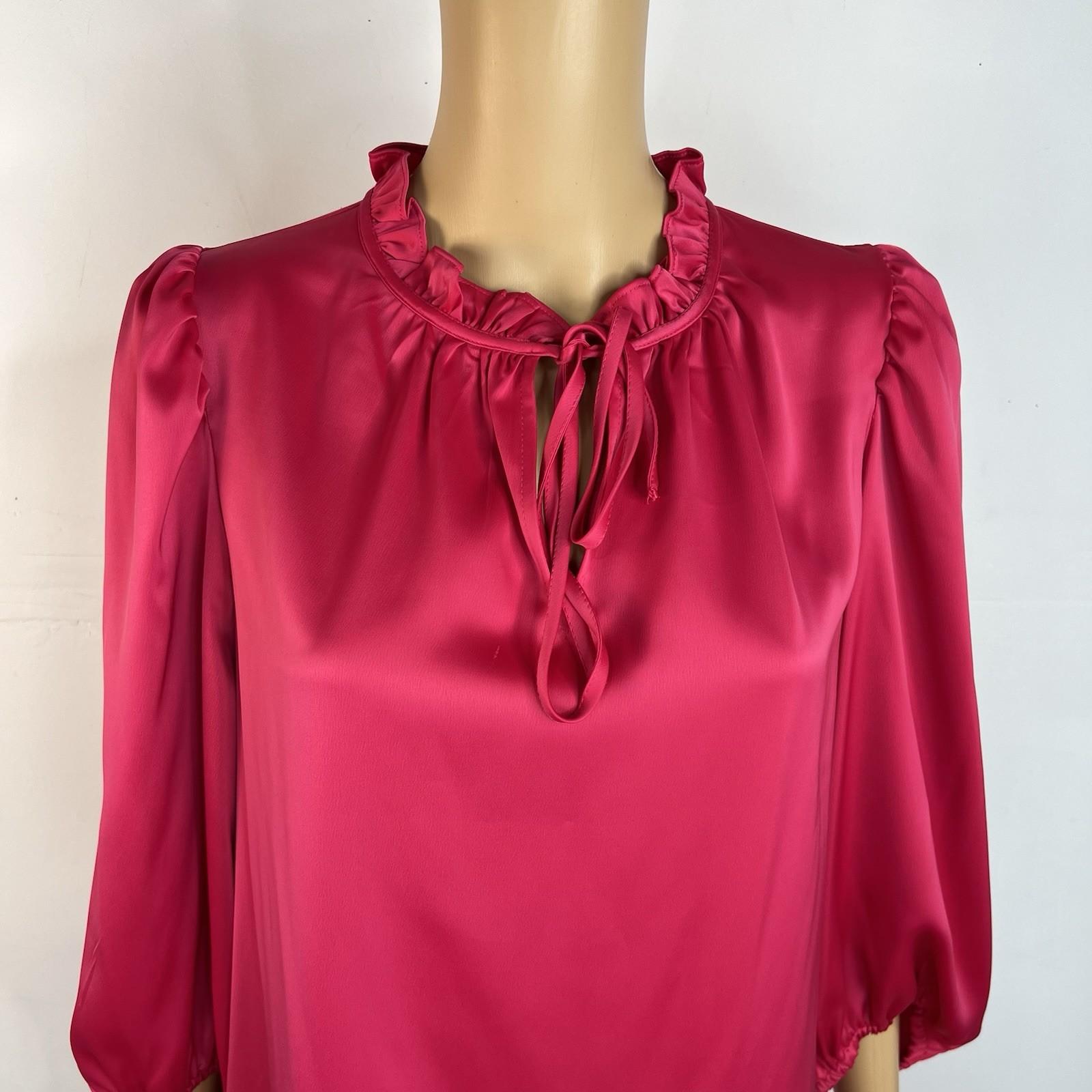 Anne Klein Silk Like Fuchsia Shift Dress Size 6 Tie Neck Bubble Sleeves Pullover