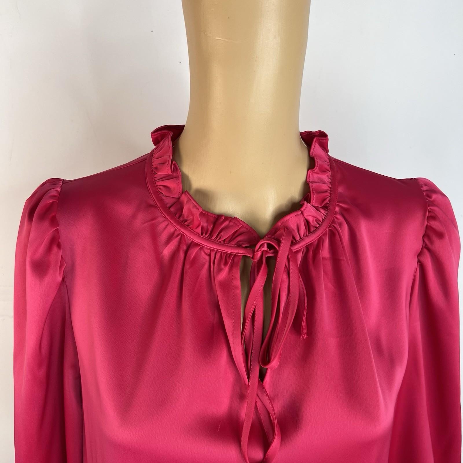 Anne Klein Silk Like Fuchsia Shift Dress Size 6 Tie Neck Bubble Sleeves Pullover
