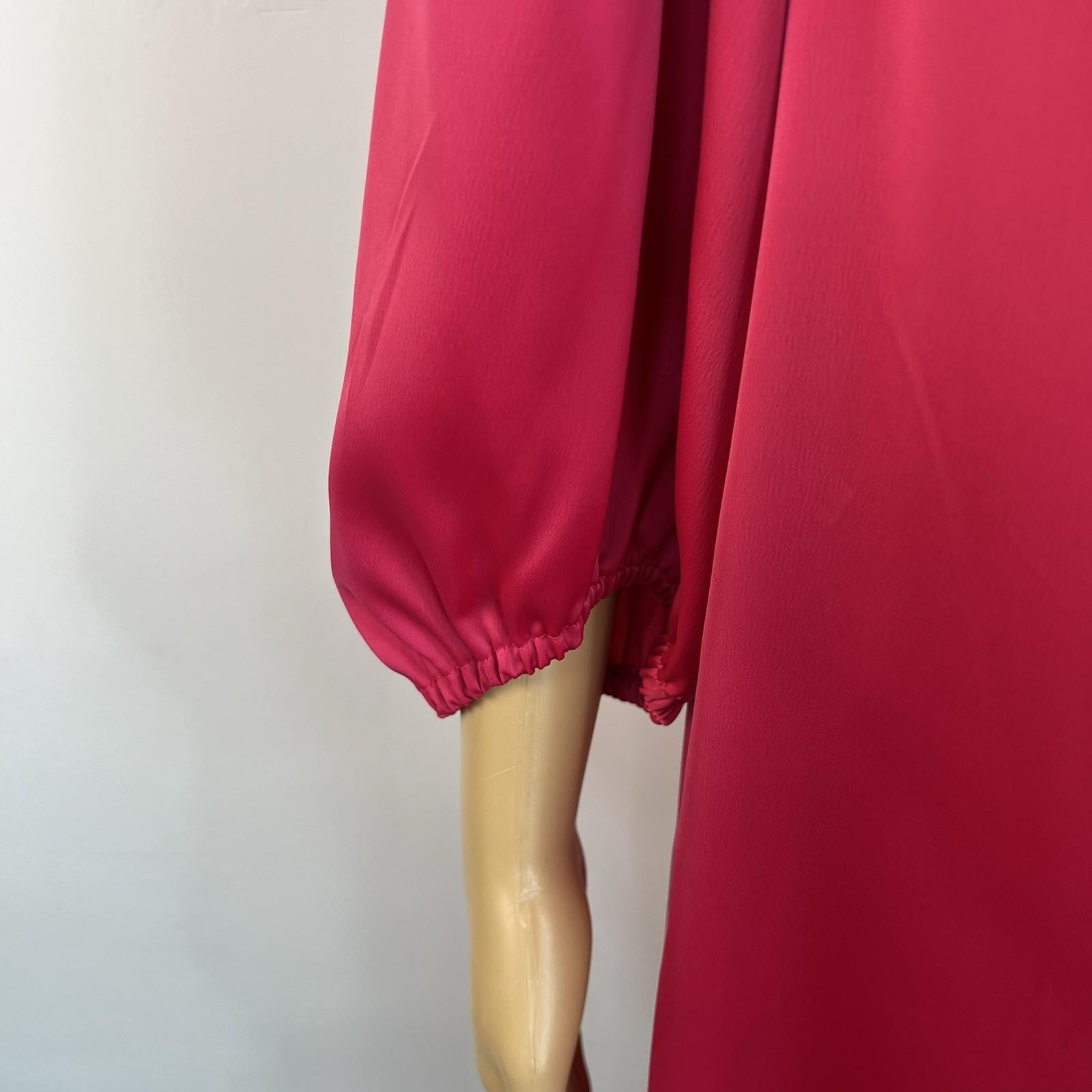 Anne Klein Silk Like Fuchsia Shift Dress Size 6 Tie Neck Bubble Sleeves Pullover