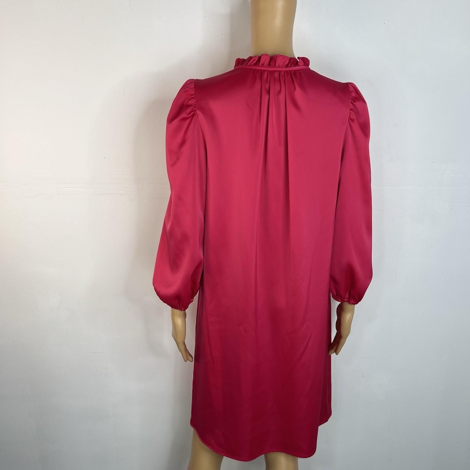 Anne Klein Silk Like Fuchsia Shift Dress Size 6 Tie Neck Bubble Sleeves Pullover