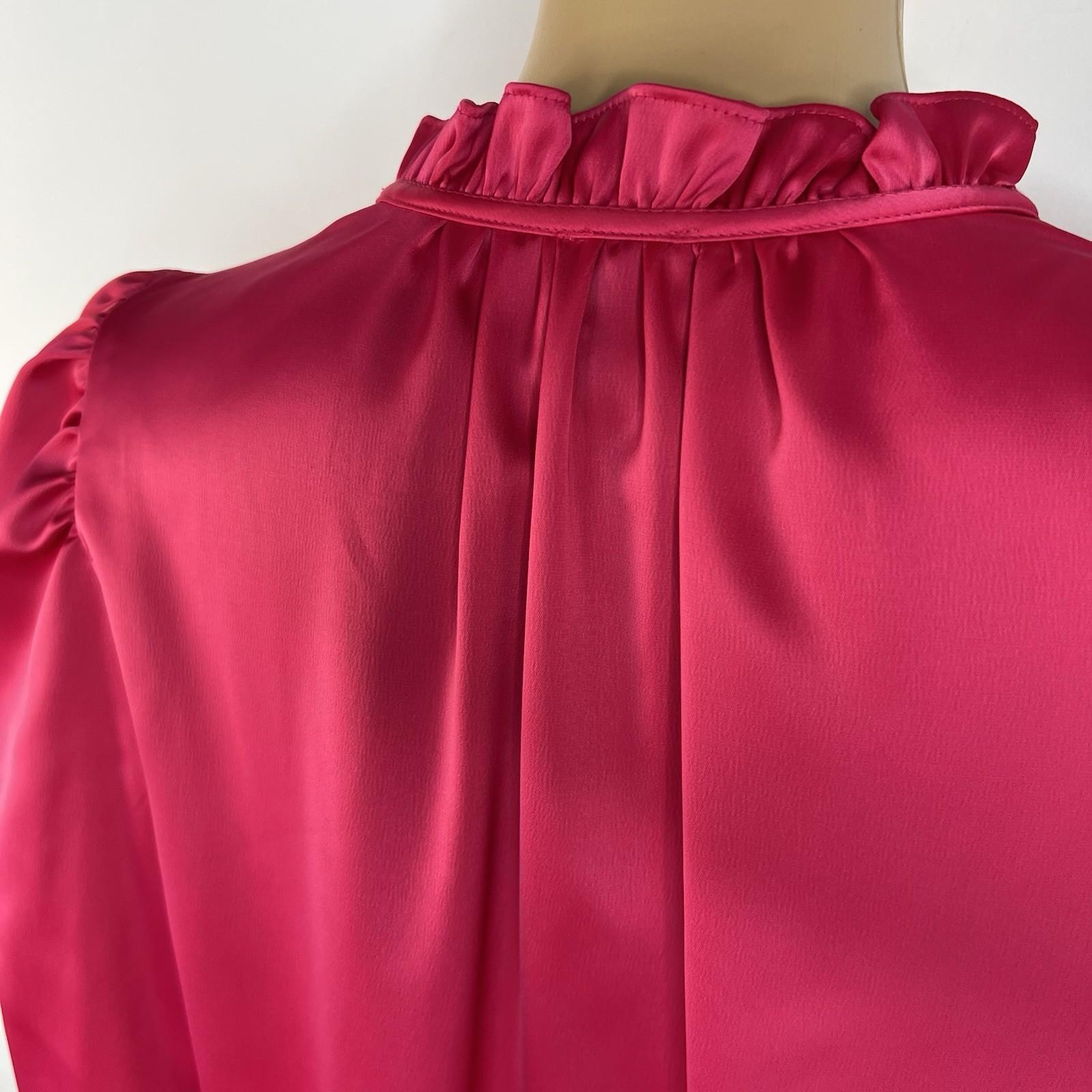 Anne Klein Silk Like Fuchsia Shift Dress Size 6 Tie Neck Bubble Sleeves Pullover