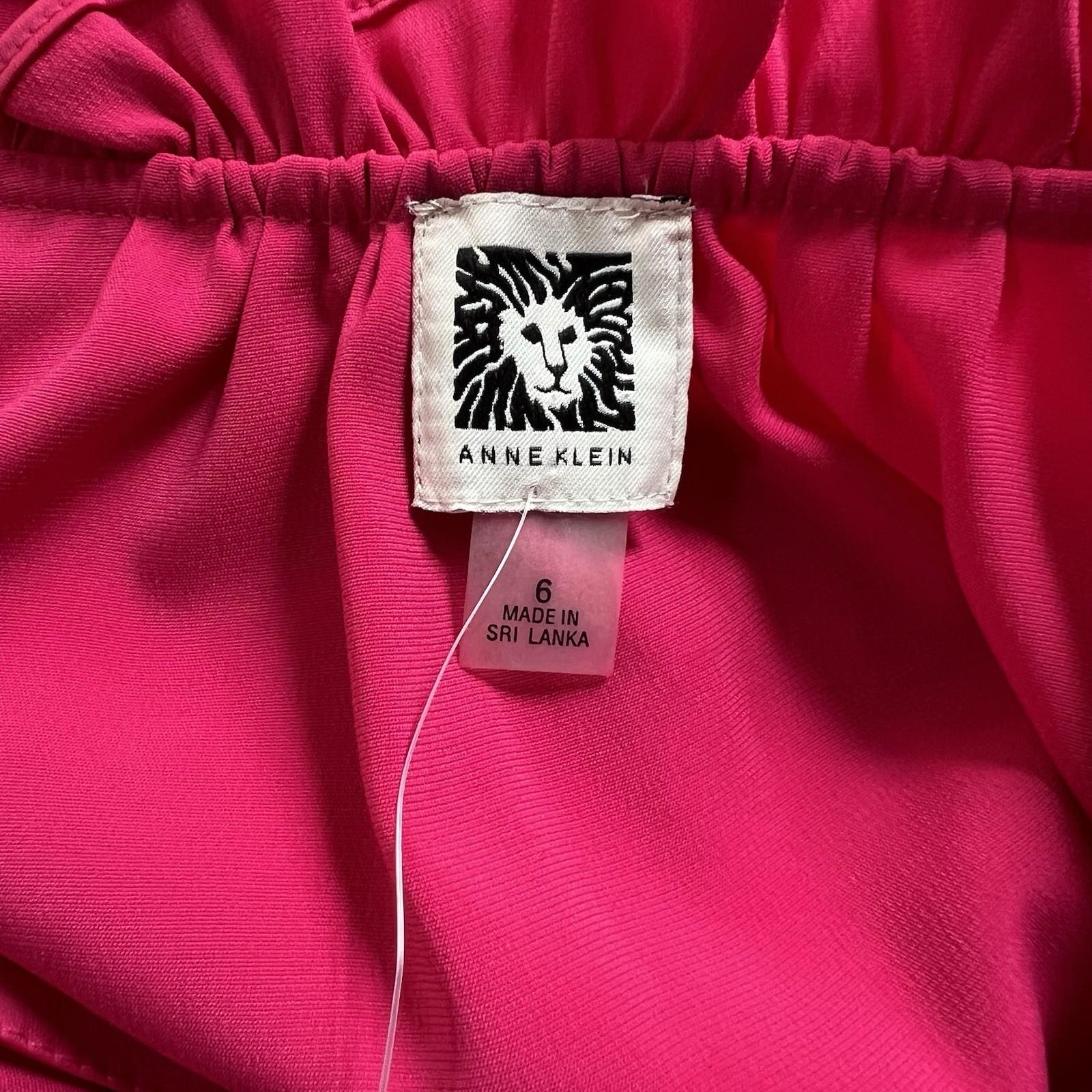 Anne Klein Silk Like Fuchsia Shift Dress Size 6 Tie Neck Bubble Sleeves Pullover