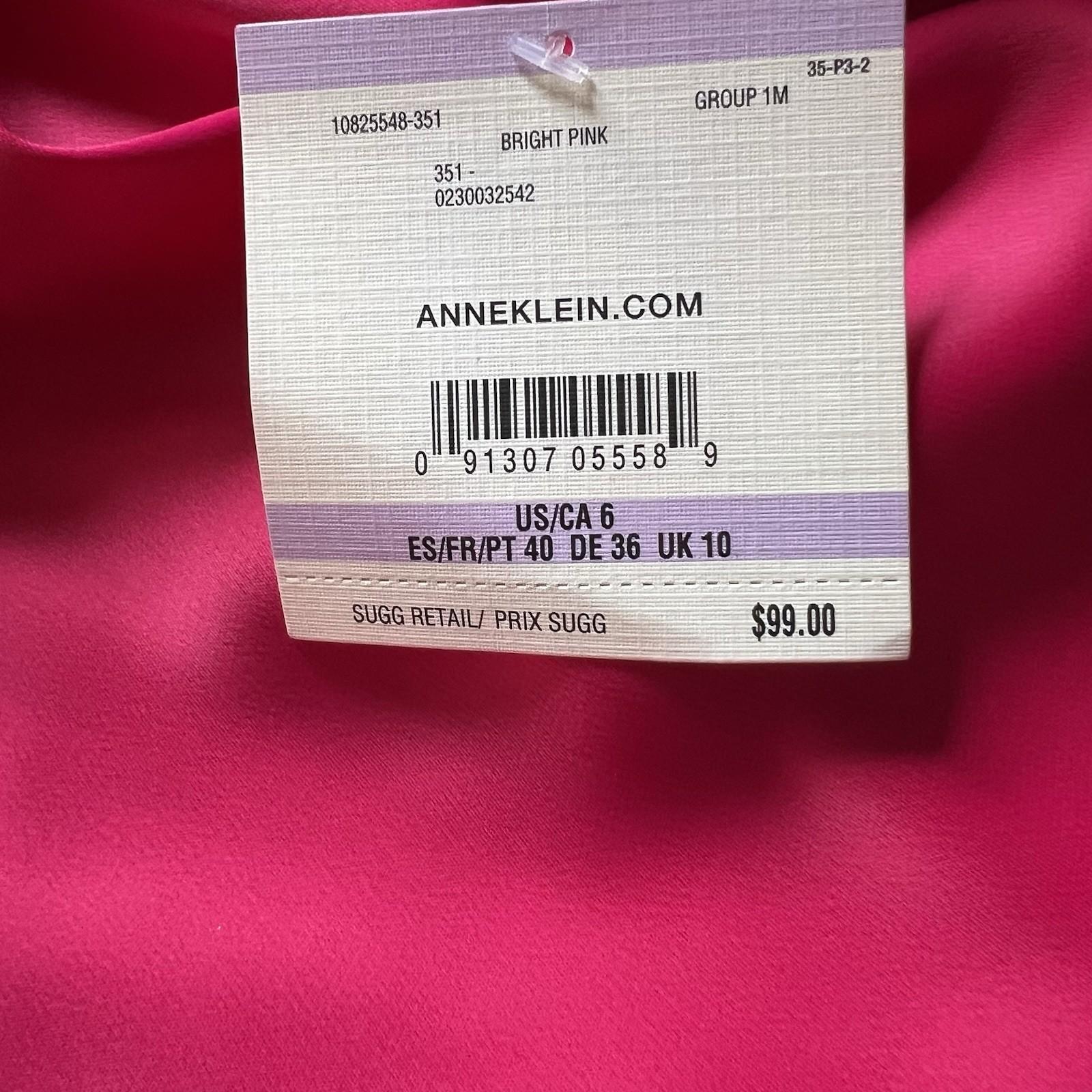 Anne Klein Silk Like Fuchsia Shift Dress Size 6 Tie Neck Bubble Sleeves Pullover