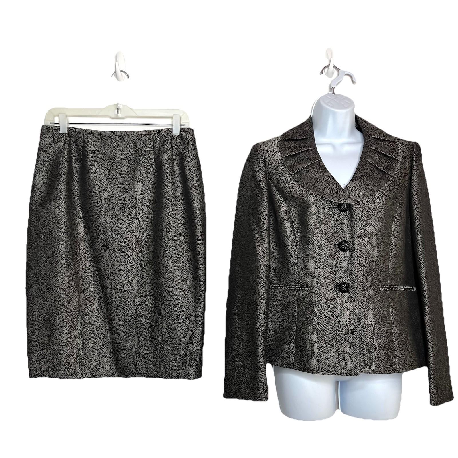 KASPER Polyester Lined Skirt Suit Size 6 Black Silver Shawl Collar Timeless New