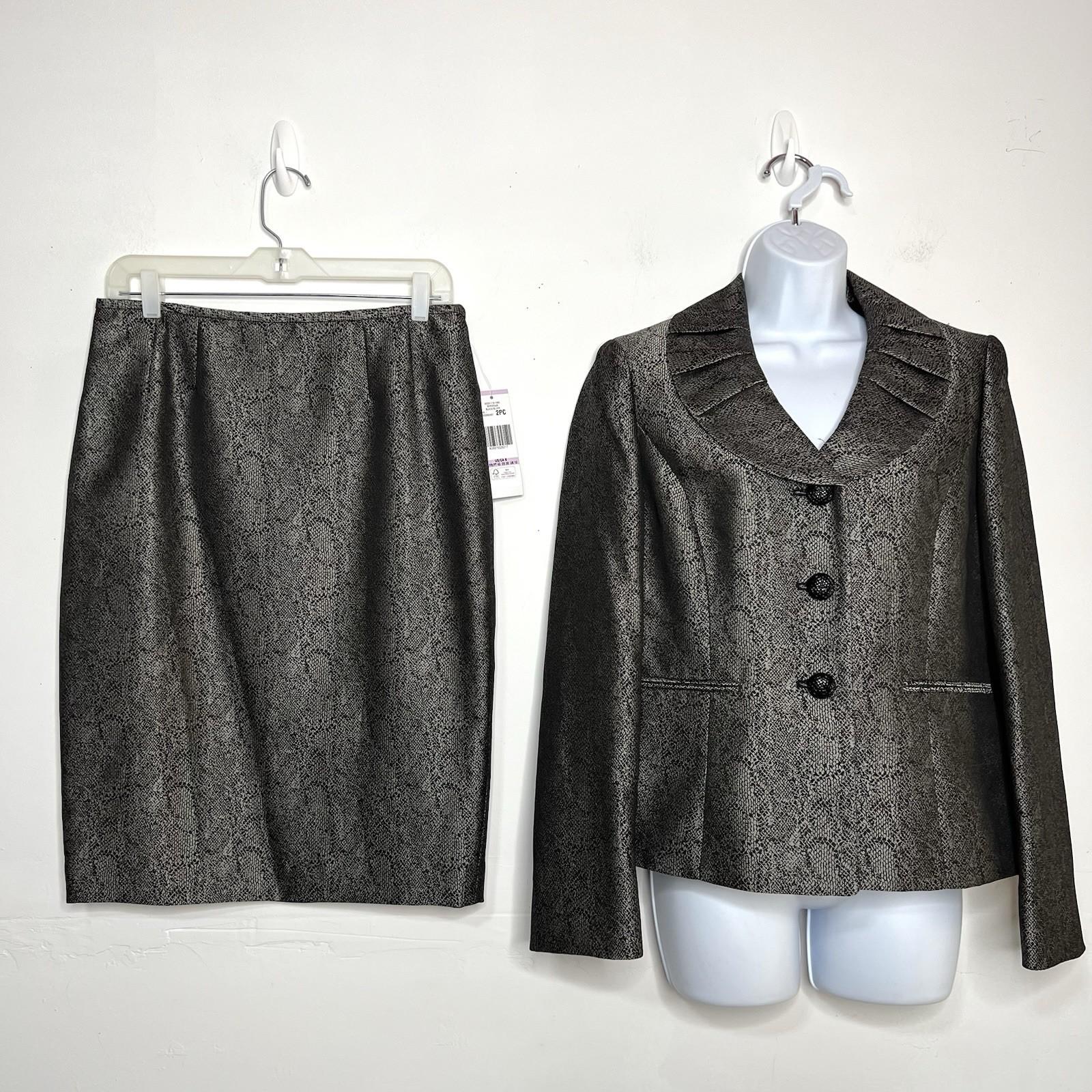 KASPER Polyester Lined Skirt Suit Size 6 Black Silver Shawl Collar Timeless New