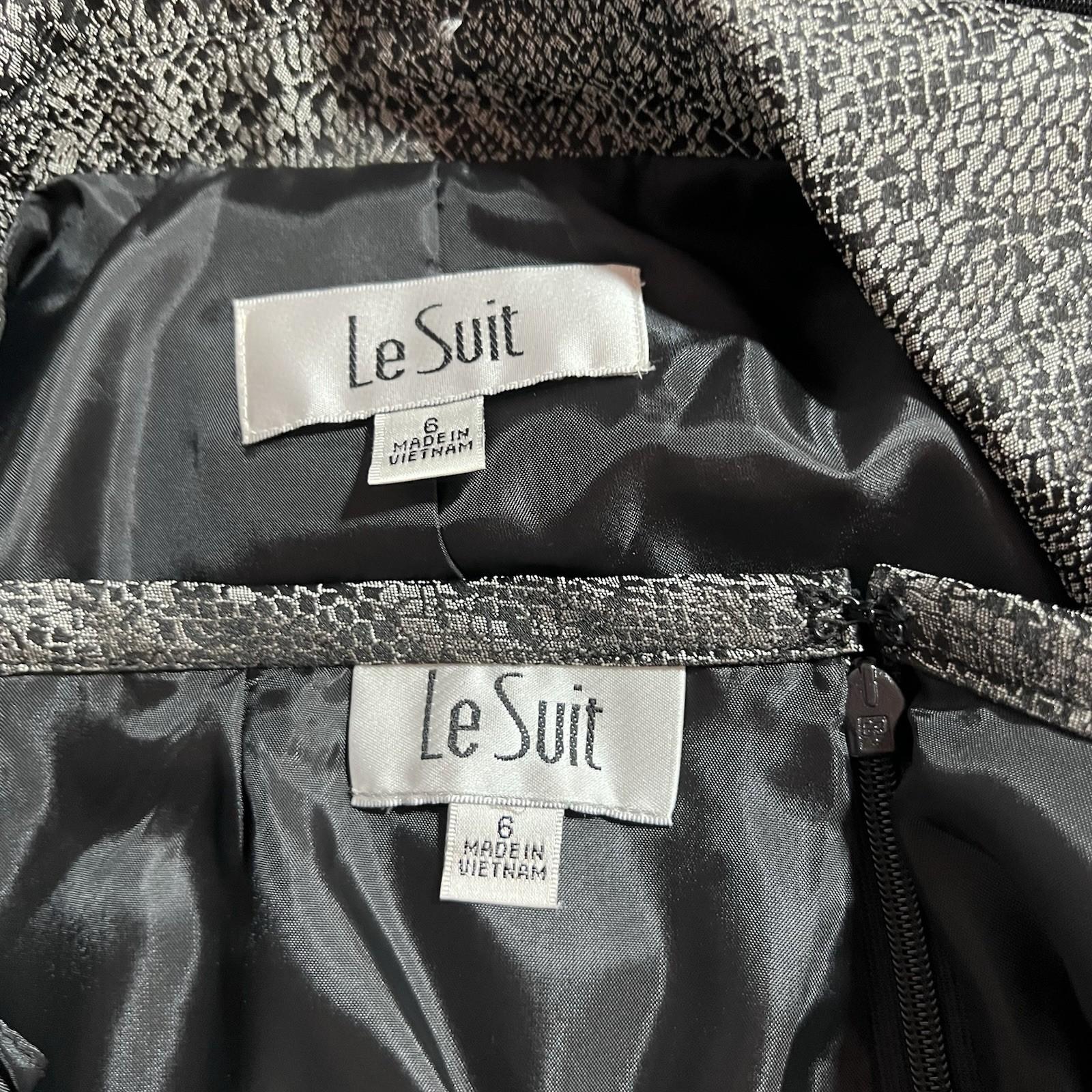 KASPER Polyester Lined Skirt Suit Size 6 Black Silver Shawl Collar Timeless New
