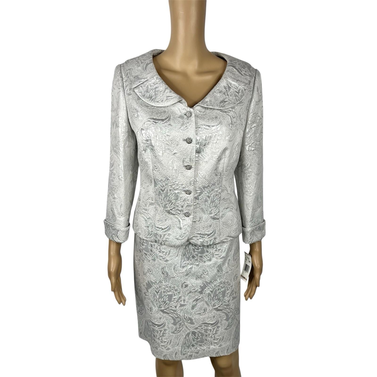 Jones New York Cotton Metallic Skirt Suit 12P Silver Shawl Collar 3/4 Timeless