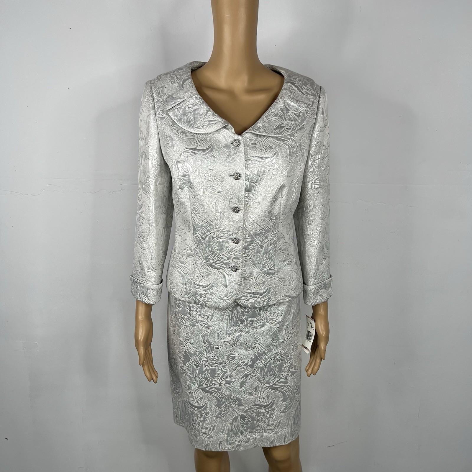 Jones New York Cotton Metallic Skirt Suit 12P Silver Shawl Collar 3/4 Timeless