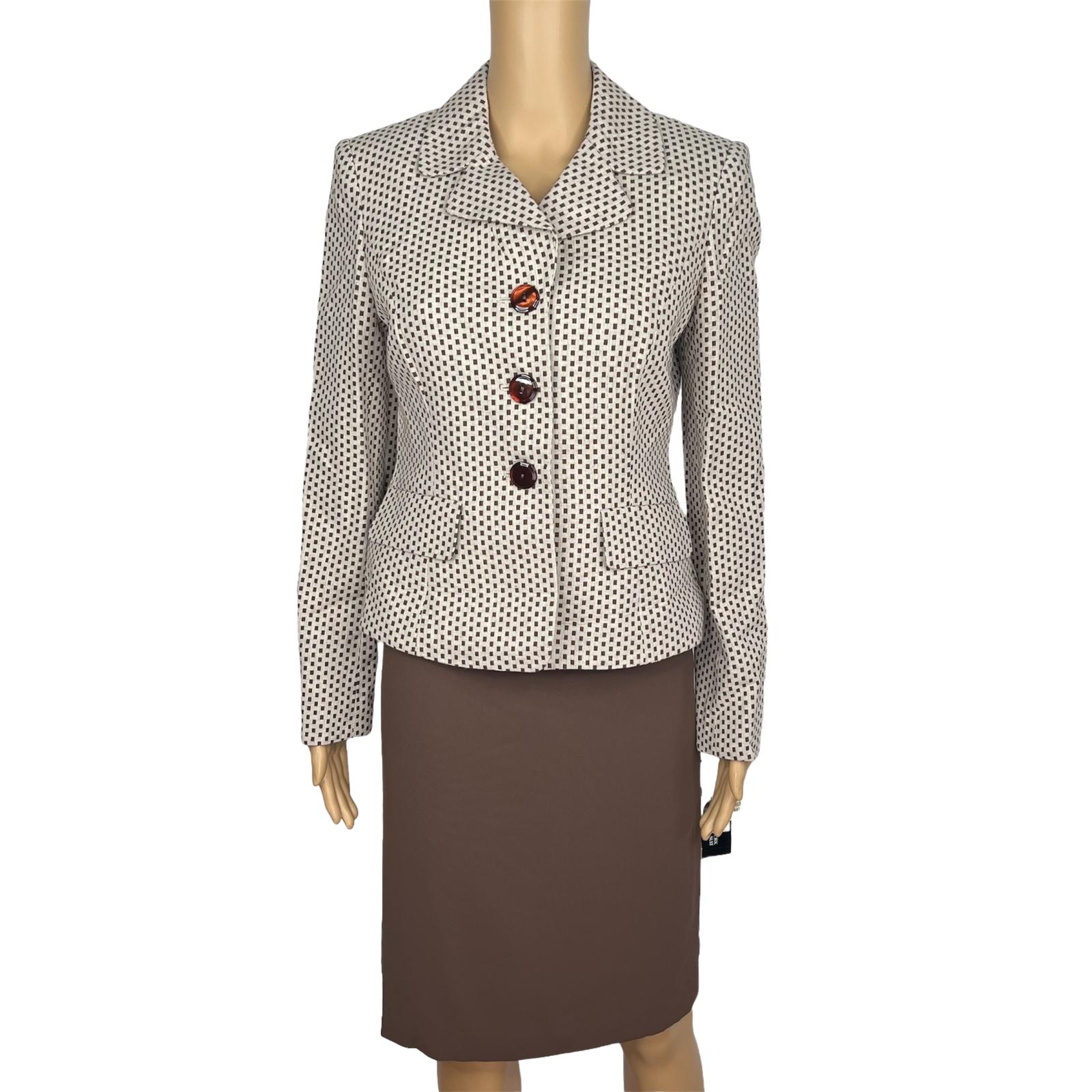New Jones New York 2PC Brown Beige Polyester Notch Collar Skirt Suit Size 4