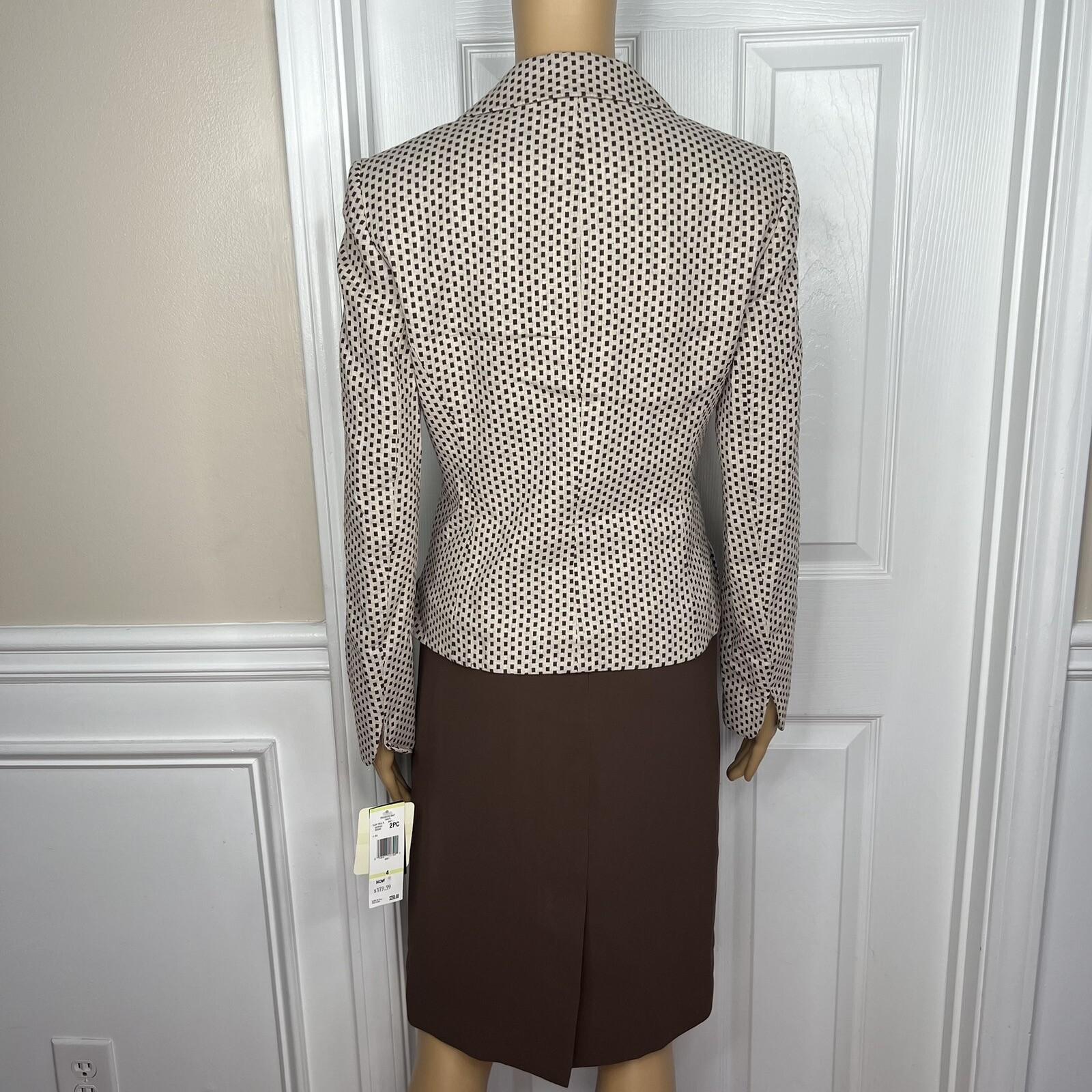 New Jones New York 2PC Brown Beige Polyester Notch Collar Skirt Suit Size 4