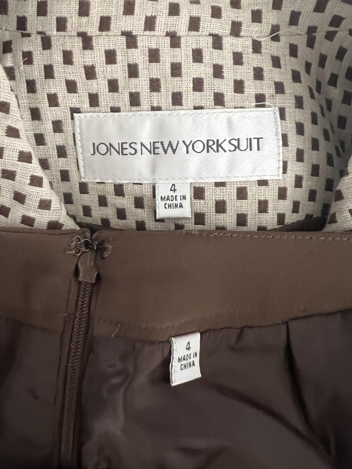 New Jones New York 2PC Brown Beige Polyester Notch Collar Skirt Suit Size 4