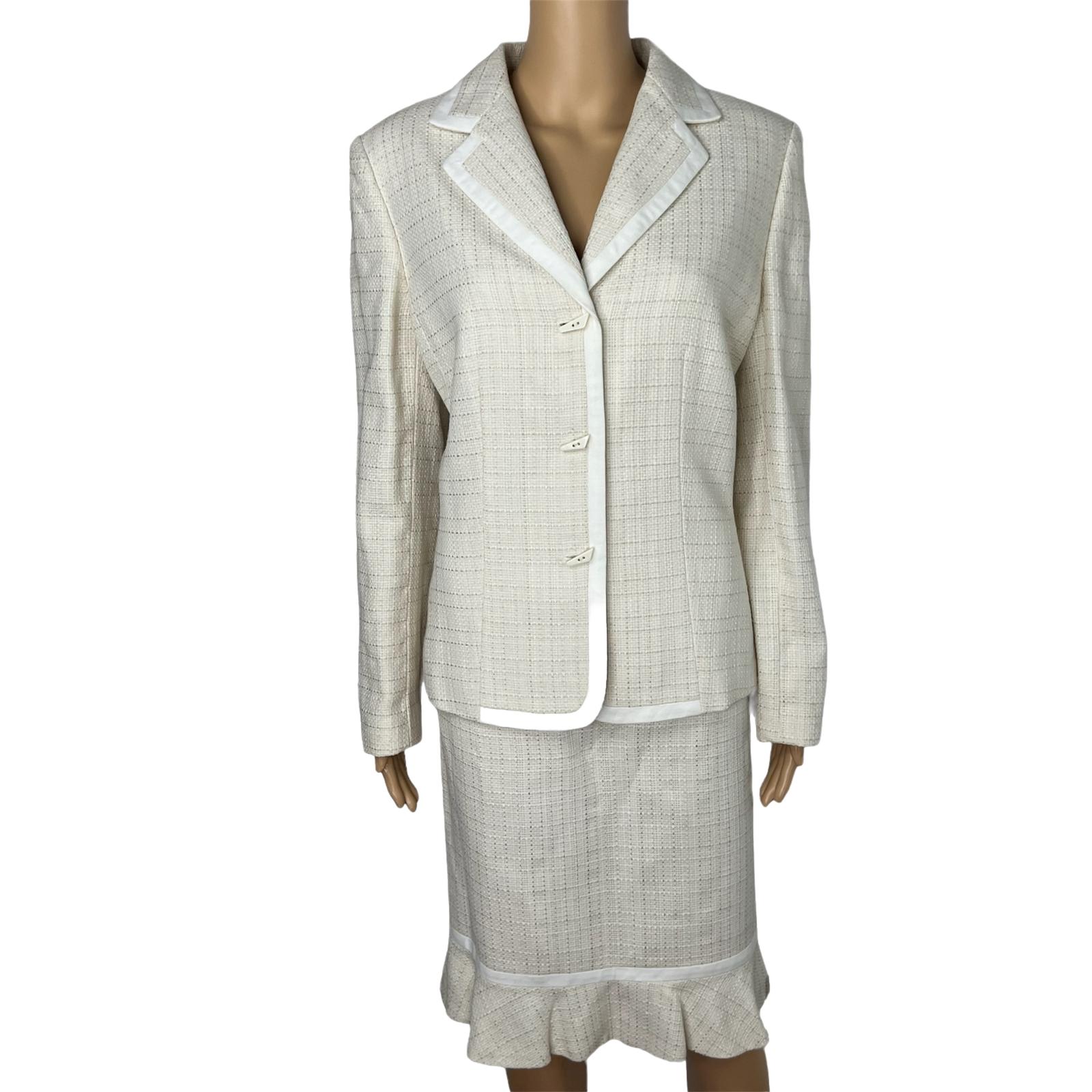 Le Suit Tweed Skirt Suit Size 10 Off White Ruffle 2 Piece Notch Collar Women New
