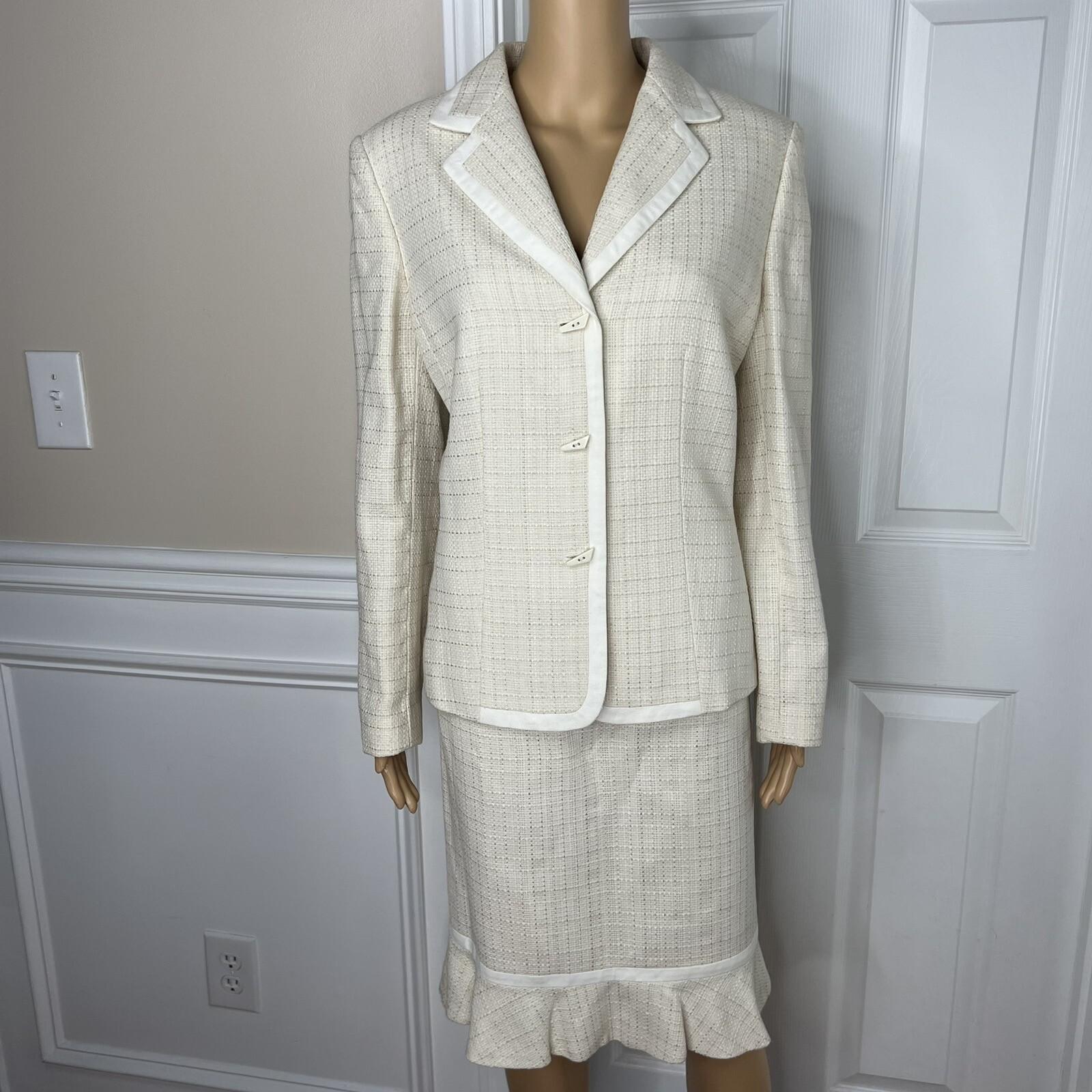 Le Suit Tweed Skirt Suit Size 10 Off White Ruffle 2 Piece Notch Collar Women New