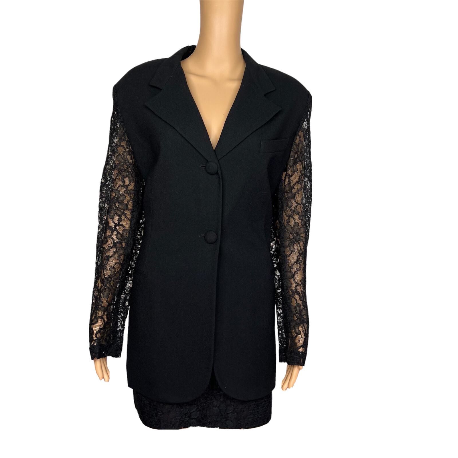 OLEG CASINI VTG 2PC Black Acetate Lace Blend Cocktail Mini Skirt Suit Size 16