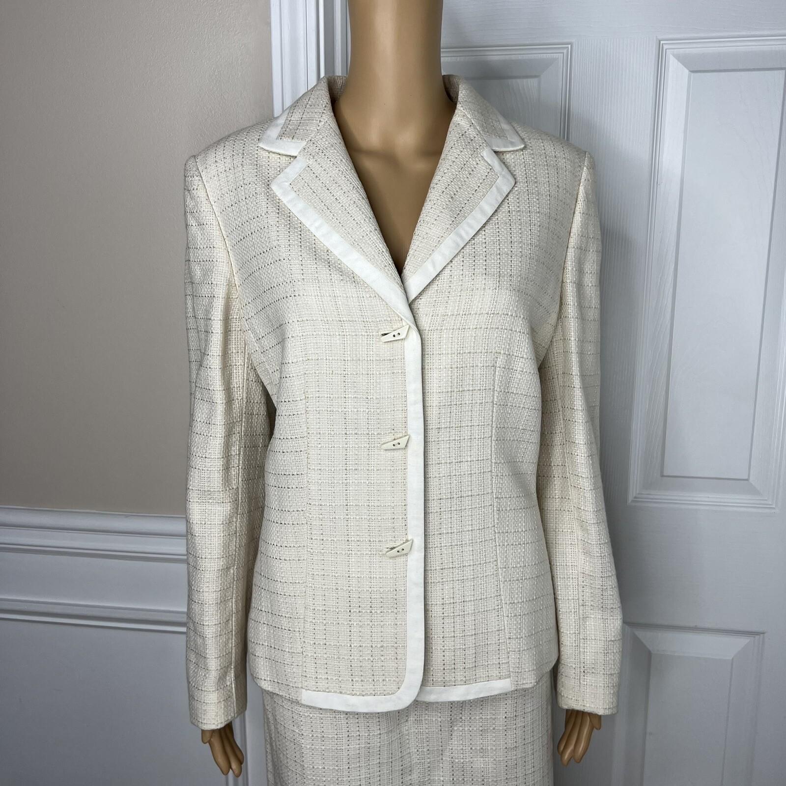 Le Suit Tweed Skirt Suit Size 10 Off White Ruffle 2 Piece Notch Collar Women New