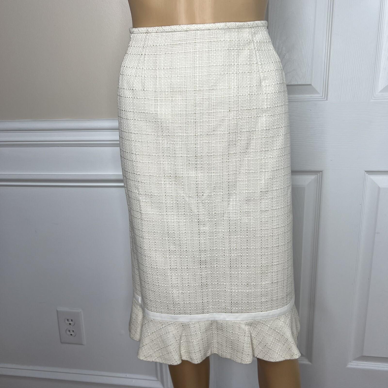 Le Suit Tweed Skirt Suit Size 10 Off White Ruffle 2 Piece Notch Collar Women New