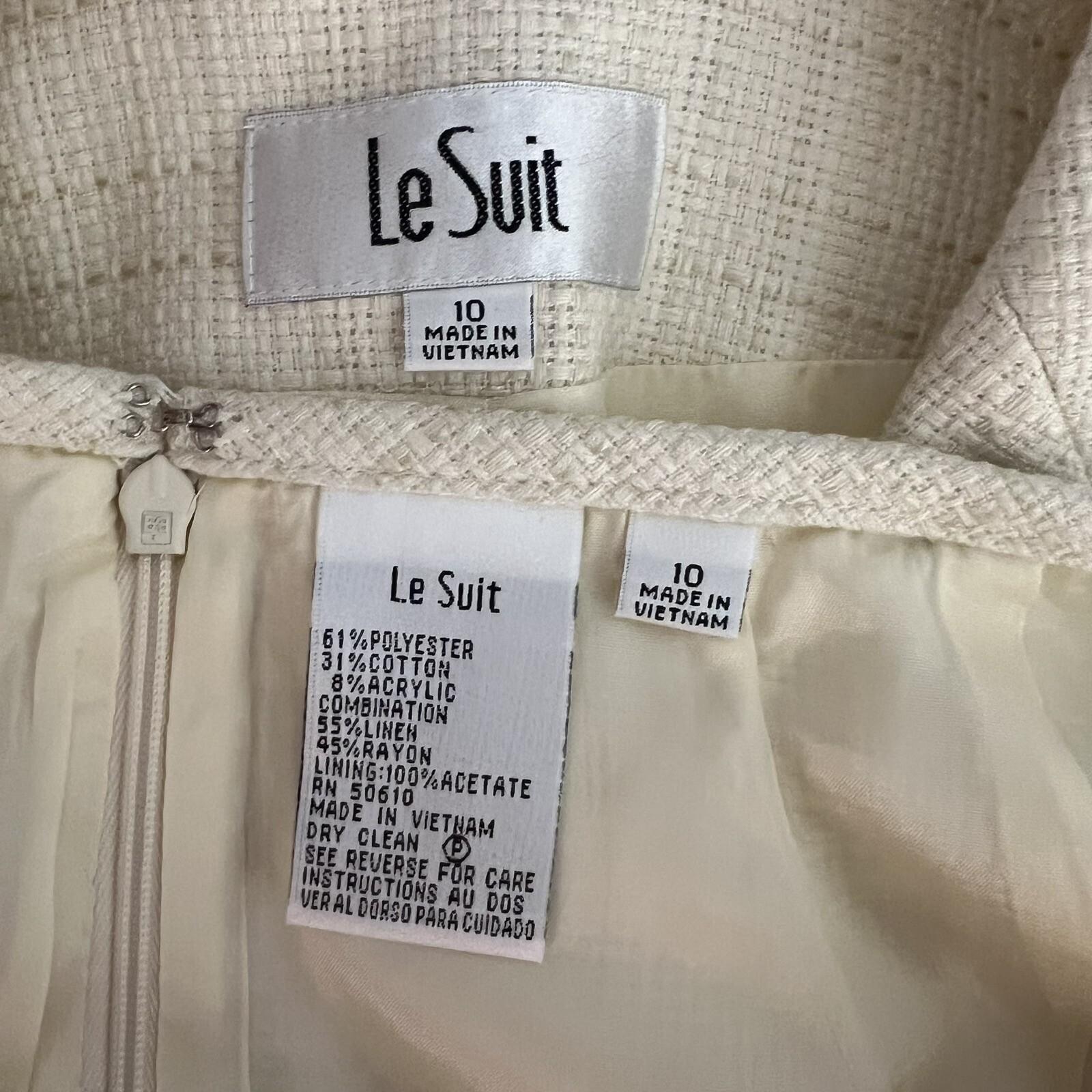 Le Suit Tweed Skirt Suit Size 10 Off White Ruffle 2 Piece Notch Collar Women New