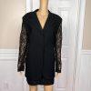 OLEG CASINI VTG 2PC Black Acetate Lace Blend Cocktail Mini Skirt Suit Size 16
