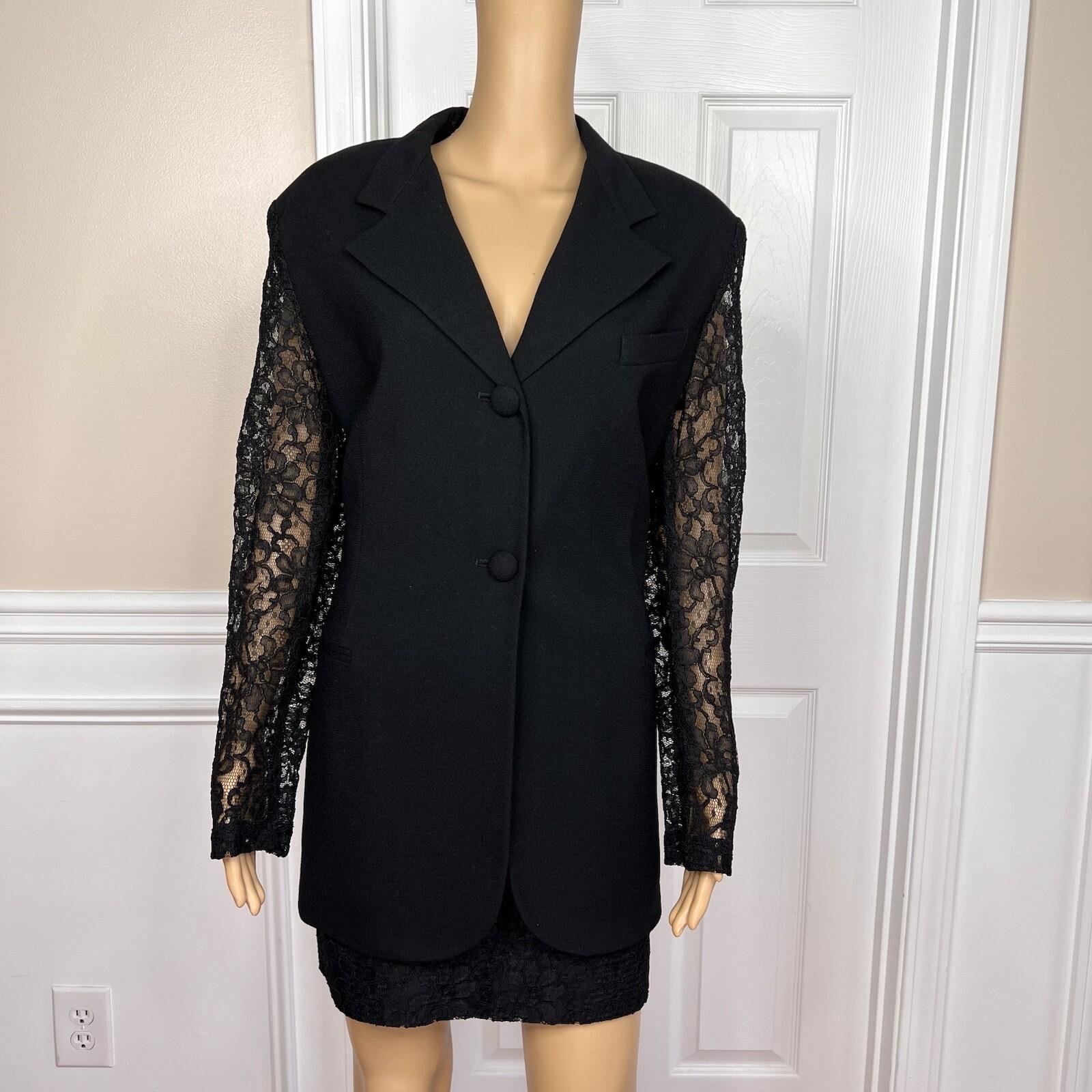 OLEG CASINI VTG 2PC Black Acetate Lace Blend Cocktail Mini Skirt Suit Size 16