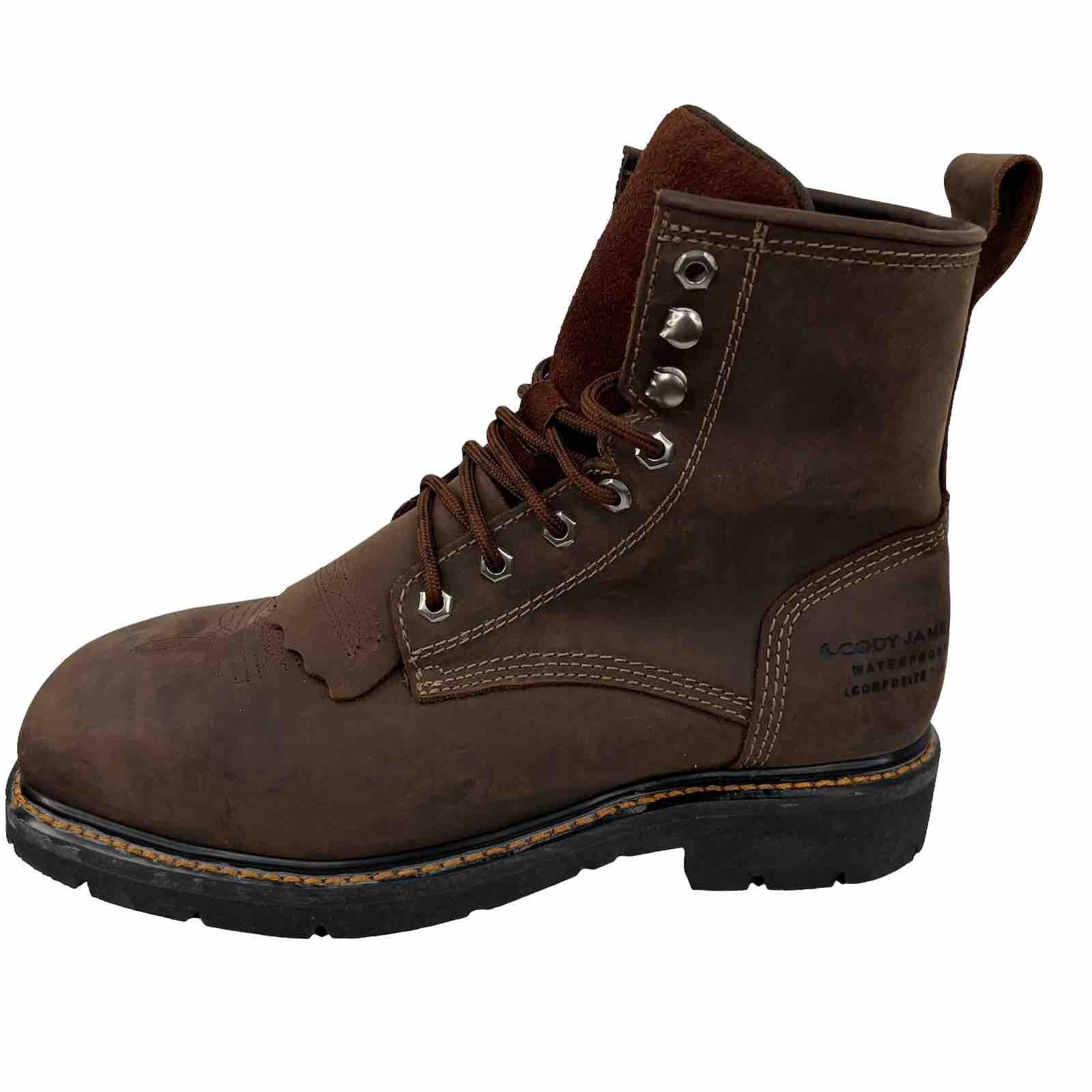 Cody James Leather Boots Size 9EE Brown Waterproof Composite Toe Kiltie Lace Up