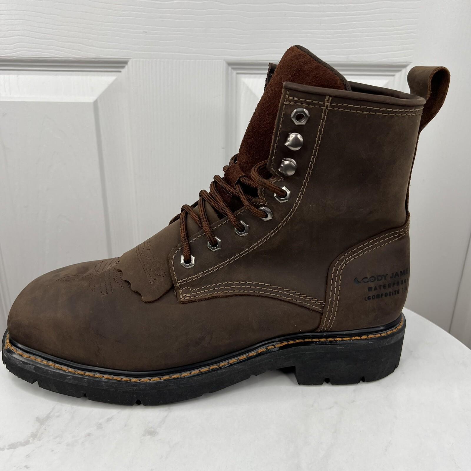 Cody James Leather Boots Size 9EE Brown Waterproof Composite Toe Kiltie Lace Up