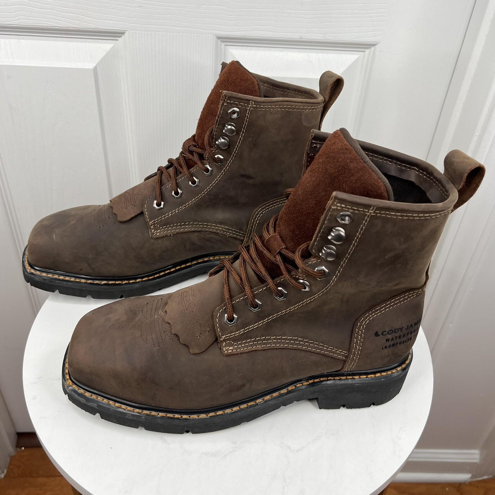 Cody James Leather Boots Size 9EE Brown Waterproof Composite Toe Kiltie Lace Up