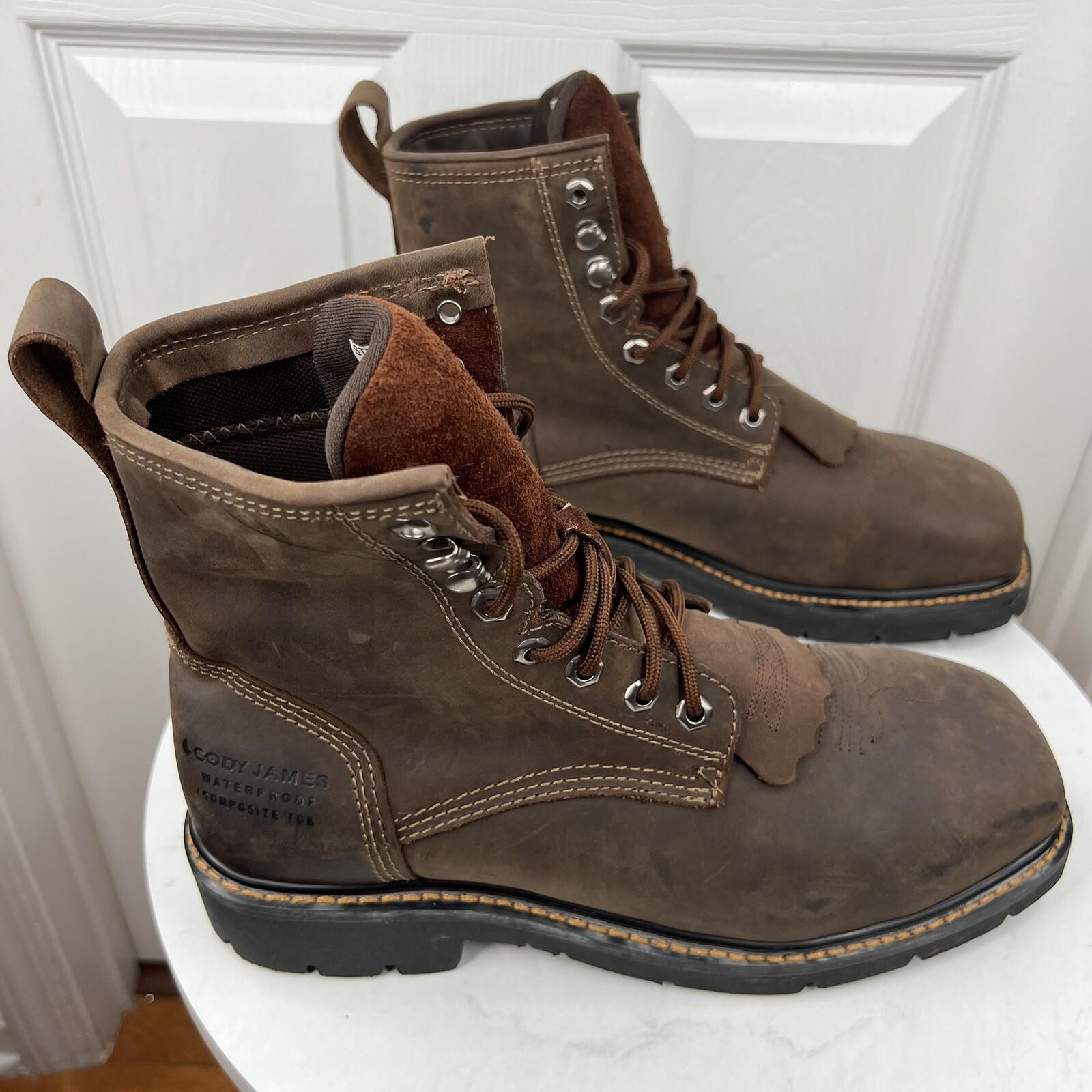 Cody James Leather Boots Size 9EE Brown Waterproof Composite Toe Kiltie Lace Up
