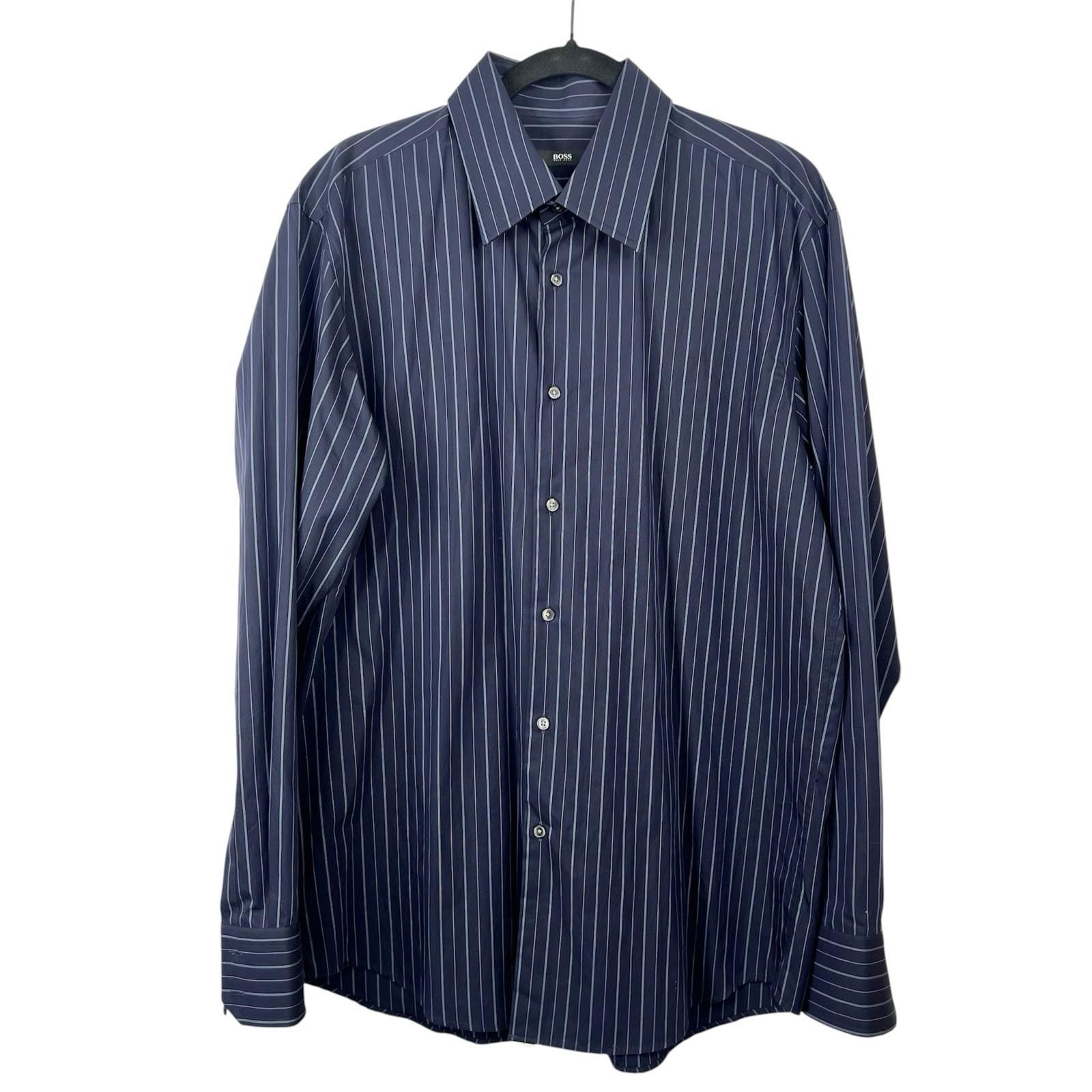 Boss Hugo Boss Button Up Shirt 43/17 Navy Blue Striped Long Sleeve Made In Italy