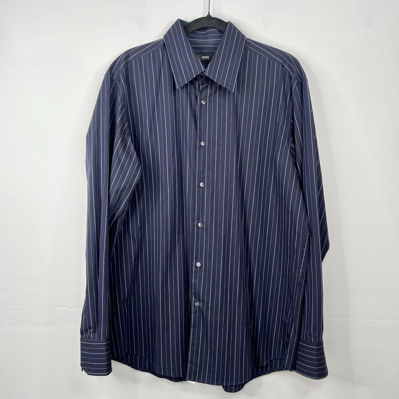 Boss Hugo Boss Button Up Shirt 43/17 Navy Blue Striped Long Sleeve Made In Italy