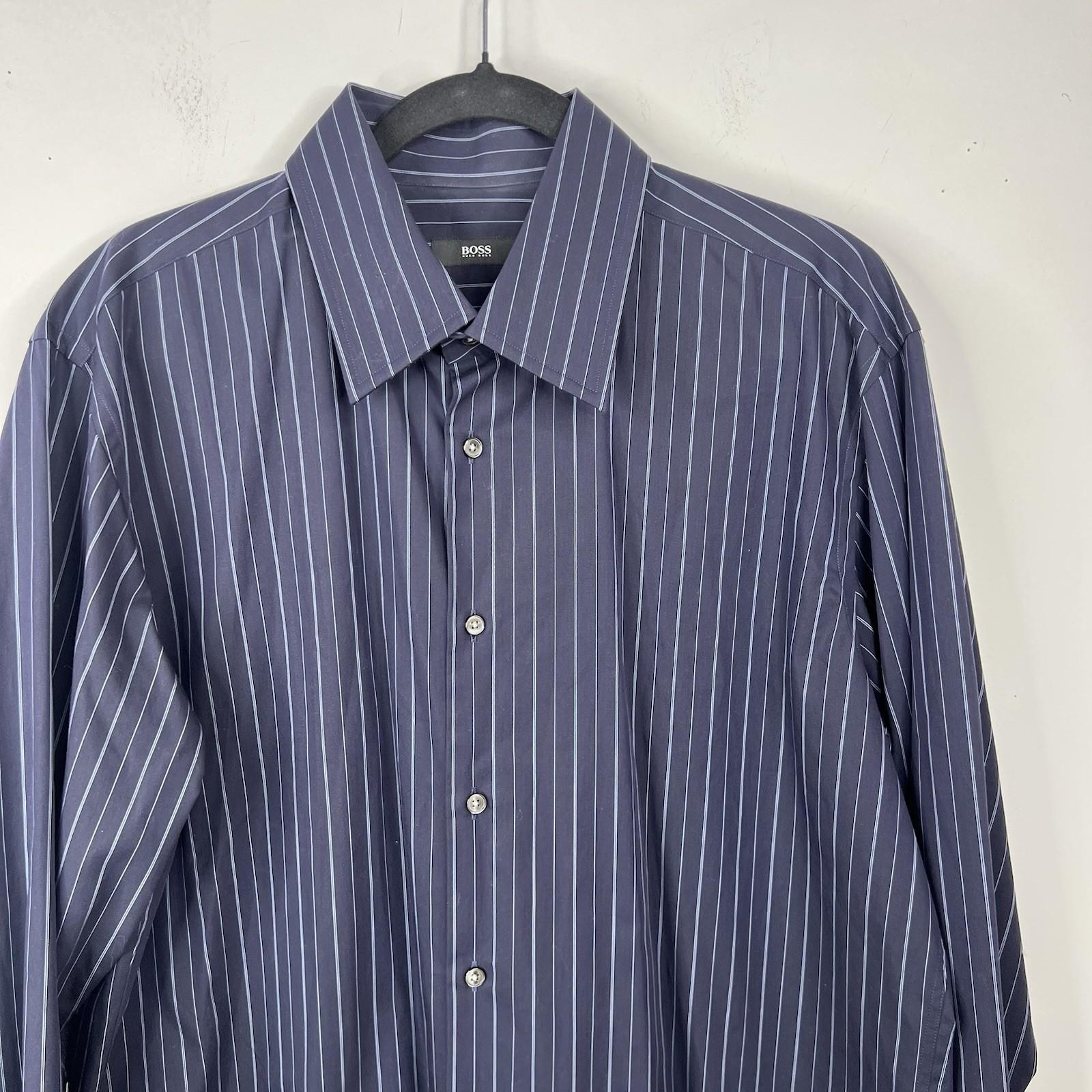 Boss Hugo Boss Button Up Shirt 43/17 Navy Blue Striped Long Sleeve Made In Italy