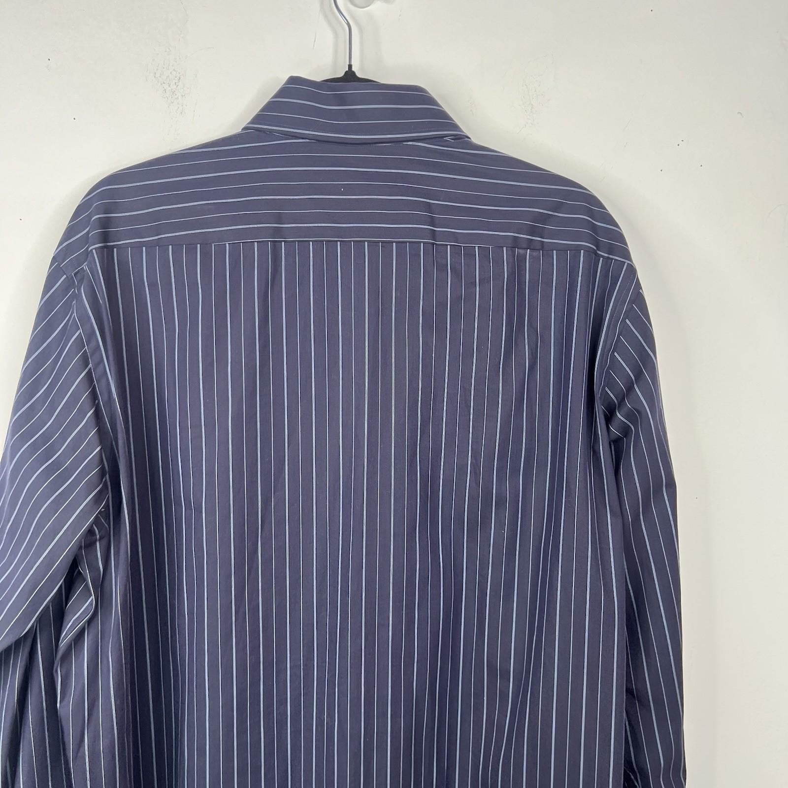 Boss Hugo Boss Button Up Shirt 43/17 Navy Blue Striped Long Sleeve Made In Italy