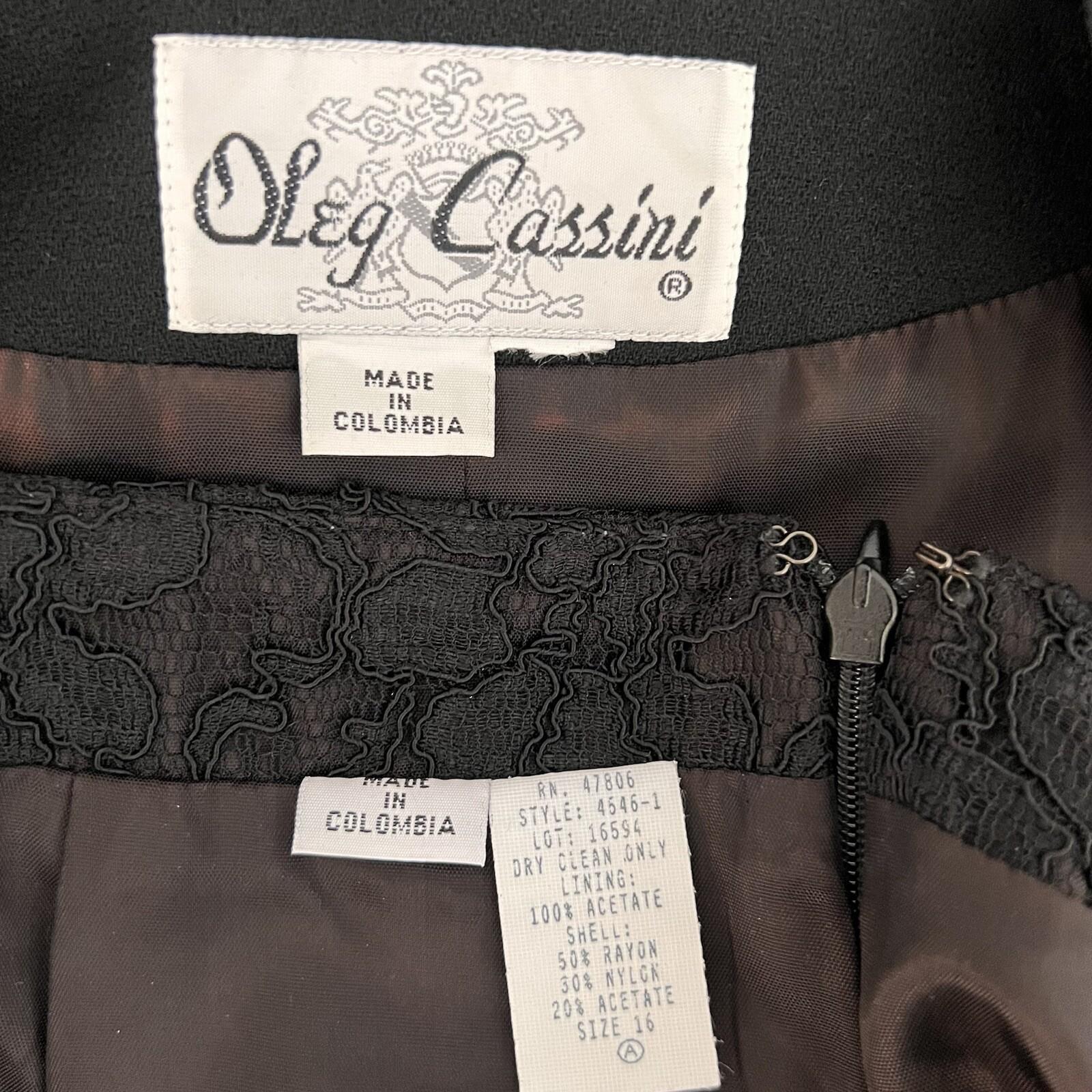 OLEG CASINI VTG 2PC Black Acetate Lace Blend Cocktail Mini Skirt Suit Size 16