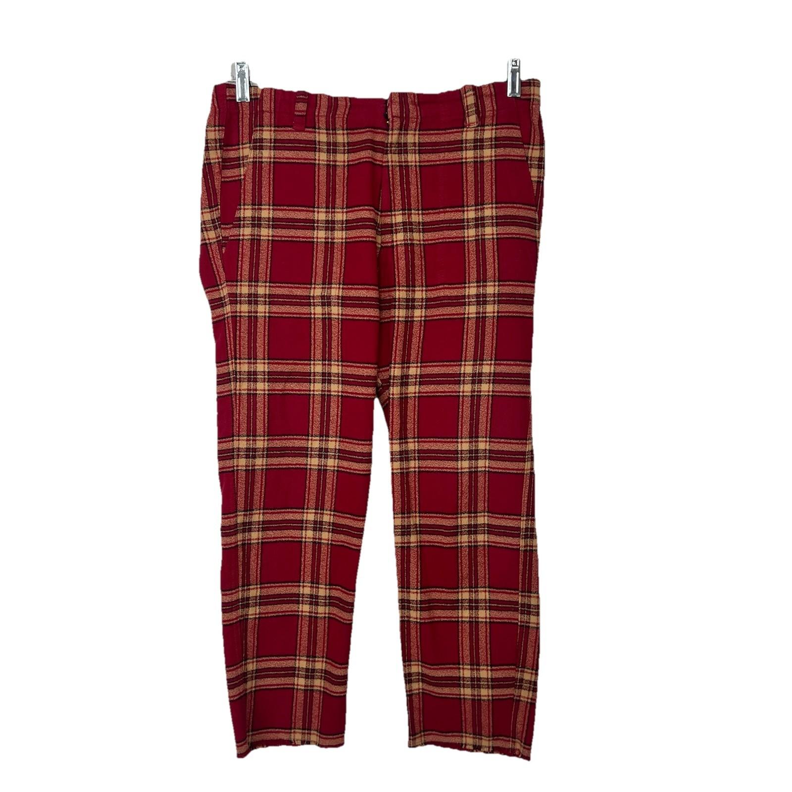 A SHIRT THING Women Cotton Flannel Pants Size S Red Striped Plaid Skinny Raw Hem