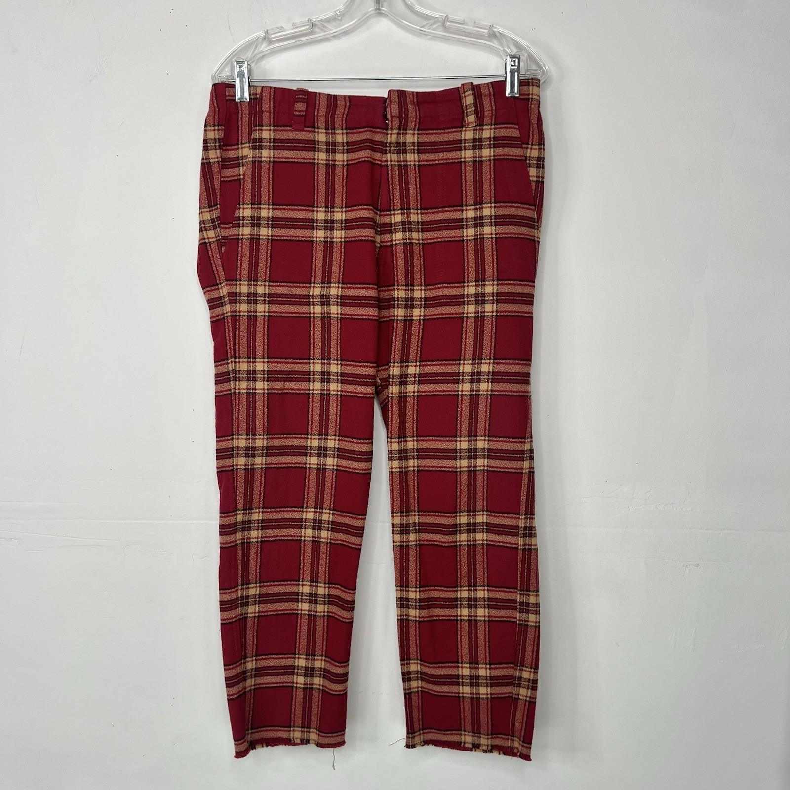 A SHIRT THING Women Cotton Flannel Pants Size S Red Striped Plaid Skinny Raw Hem