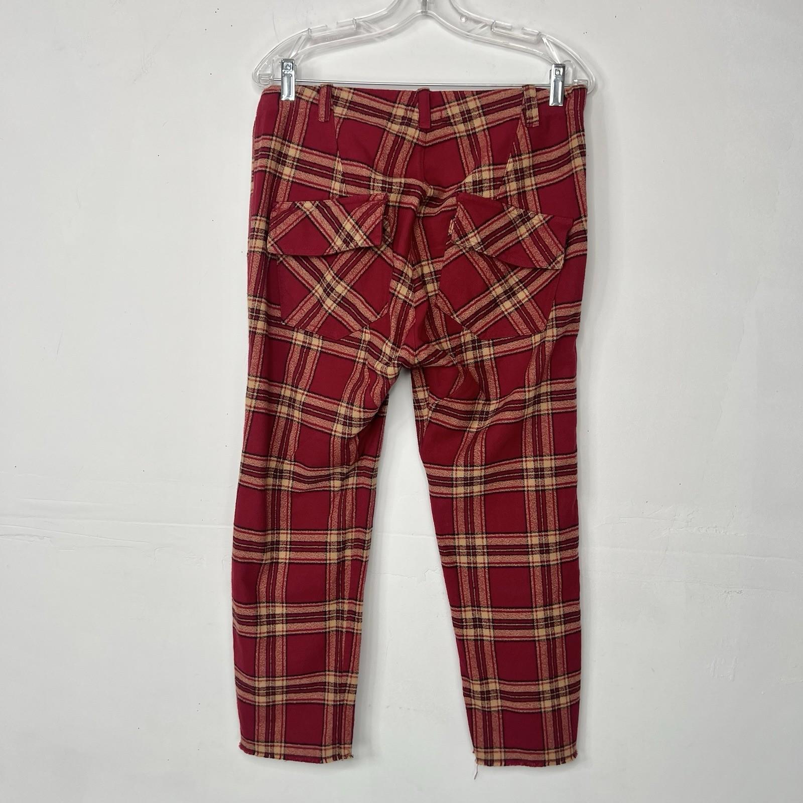 A SHIRT THING Women Cotton Flannel Pants Size S Red Striped Plaid Skinny Raw Hem