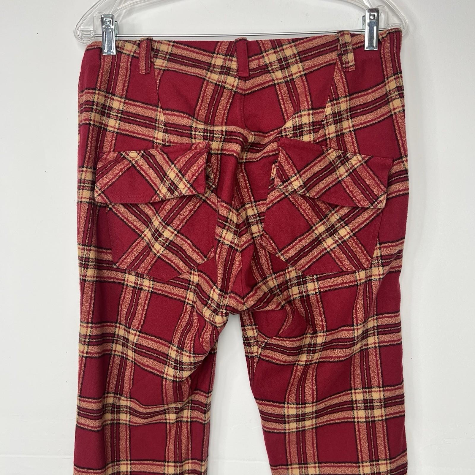 A SHIRT THING Women Cotton Flannel Pants Size S Red Striped Plaid Skinny Raw Hem