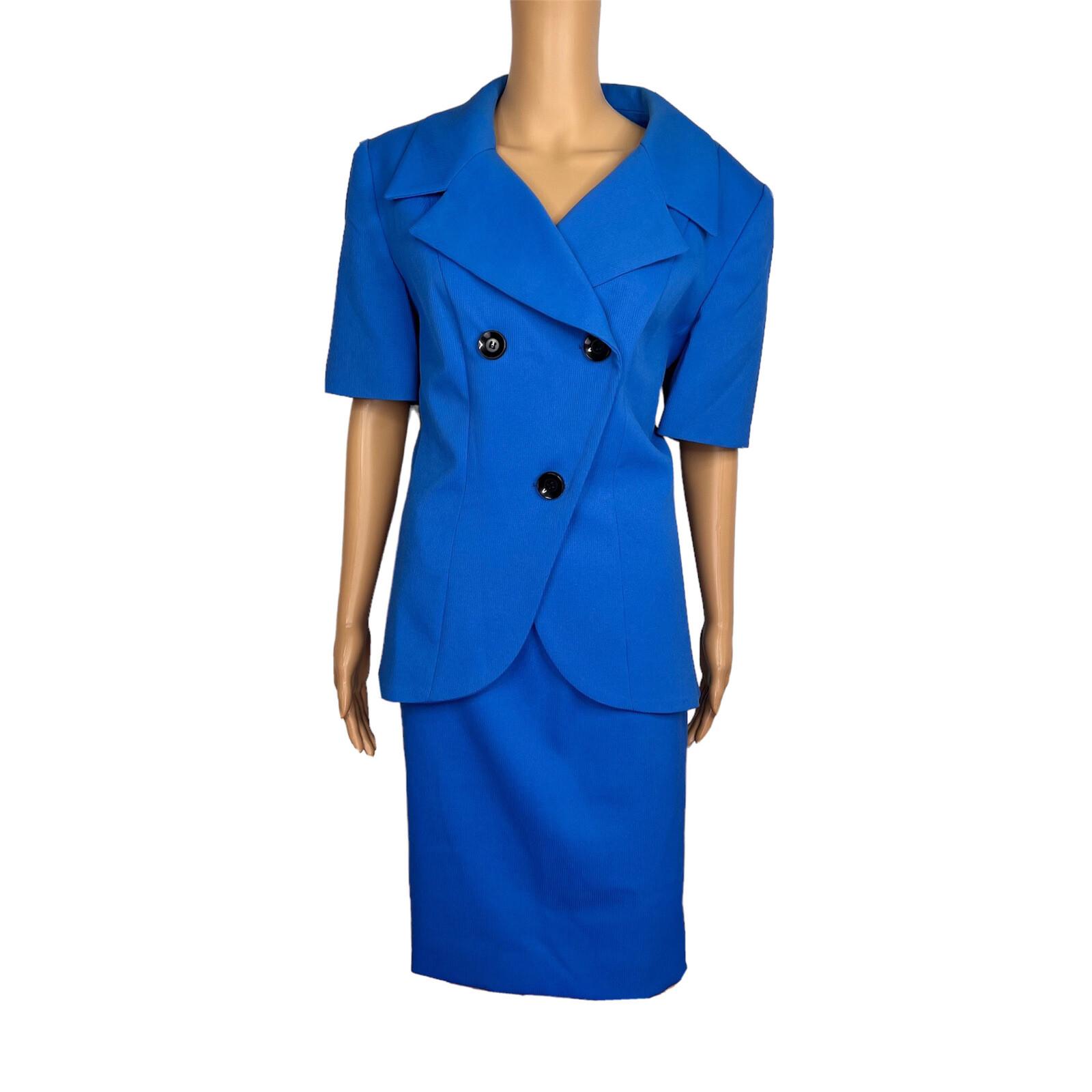 E R GERARD 2 PC Blue Double Breasted Short Sleeves Polyester Skirt Suit Size 14