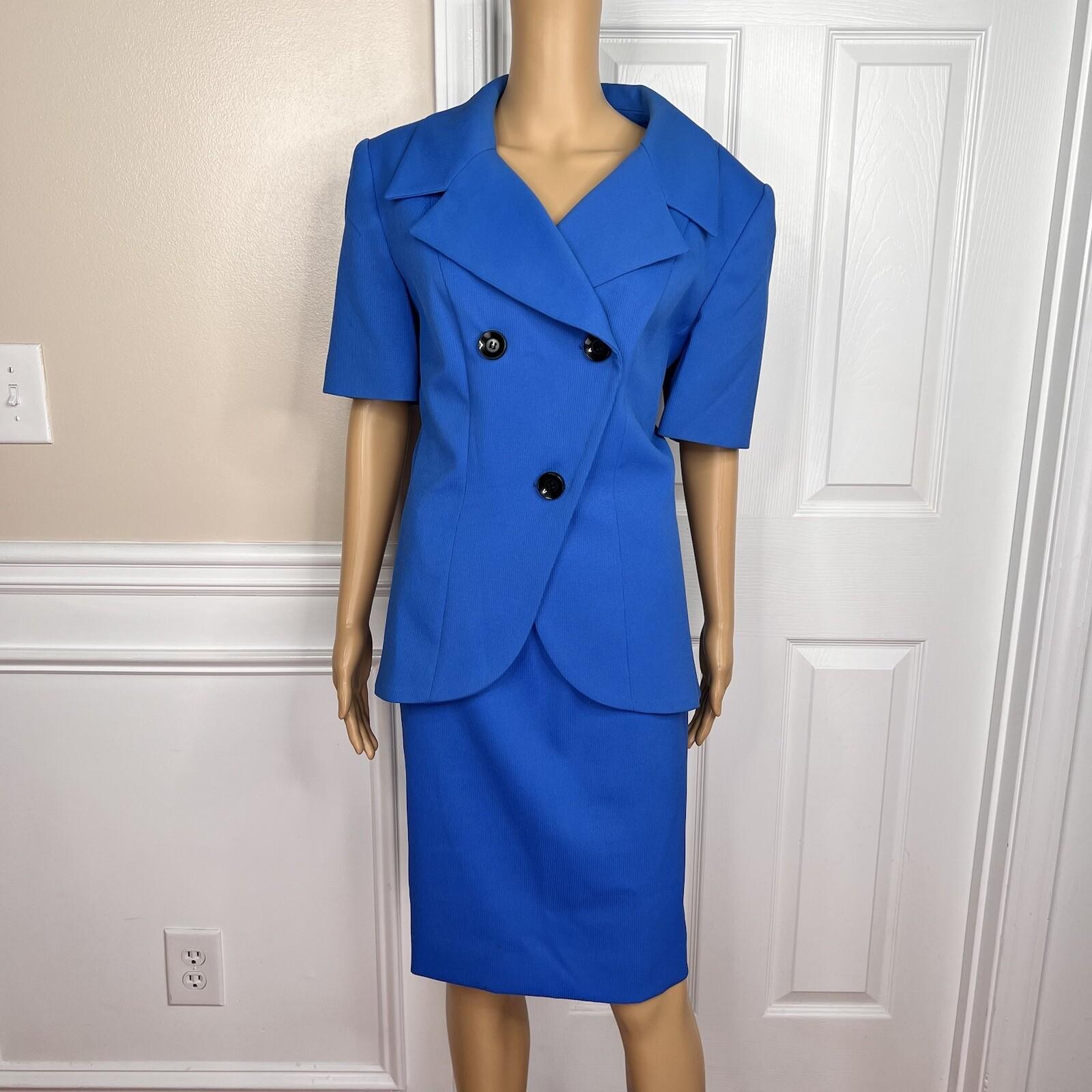 E R GERARD 2 PC Blue Double Breasted Short Sleeves Polyester Skirt Suit Size 14