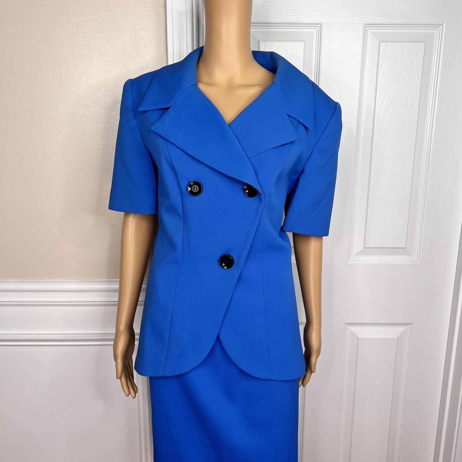 E R GERARD 2 PC Blue Double Breasted Short Sleeves Polyester Skirt Suit Size 14