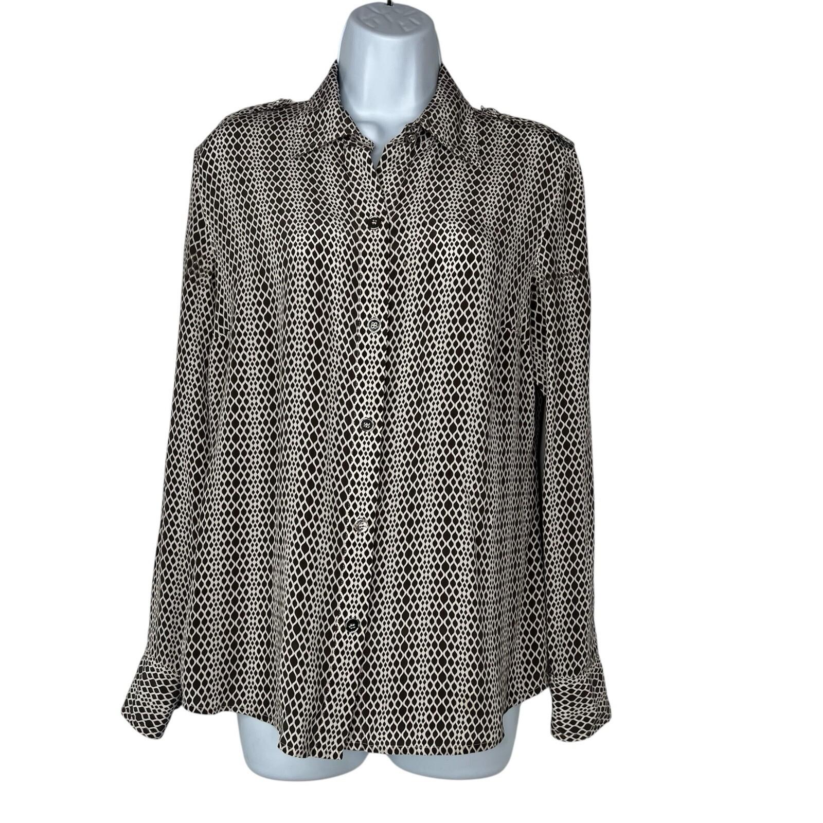 Talbots Pure Silk Button Down Shirt Size 10 Grey White Long Sleeve Dressy Collar