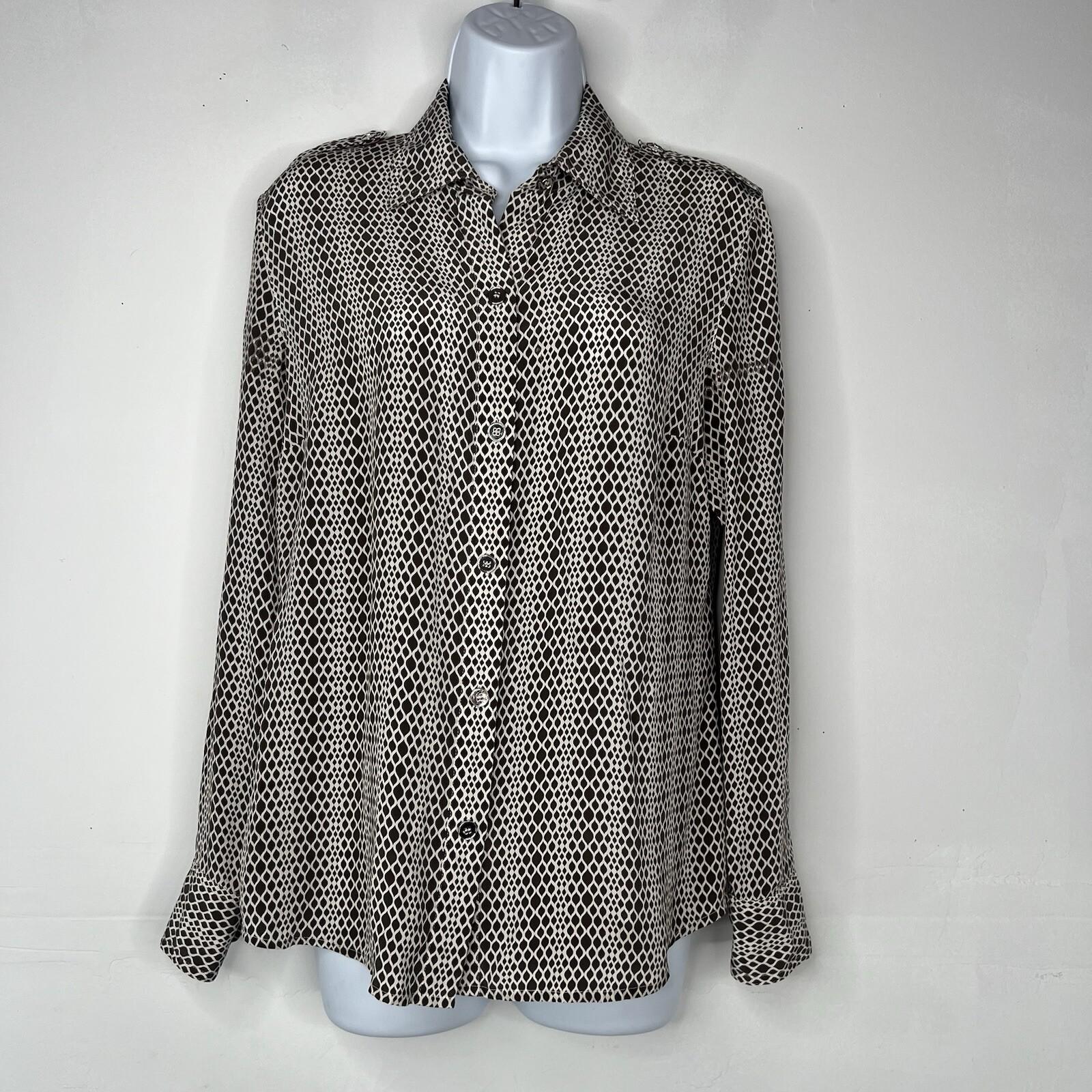 Talbots Pure Silk Button Down Shirt Size 10 Grey White Long Sleeve Dressy Collar