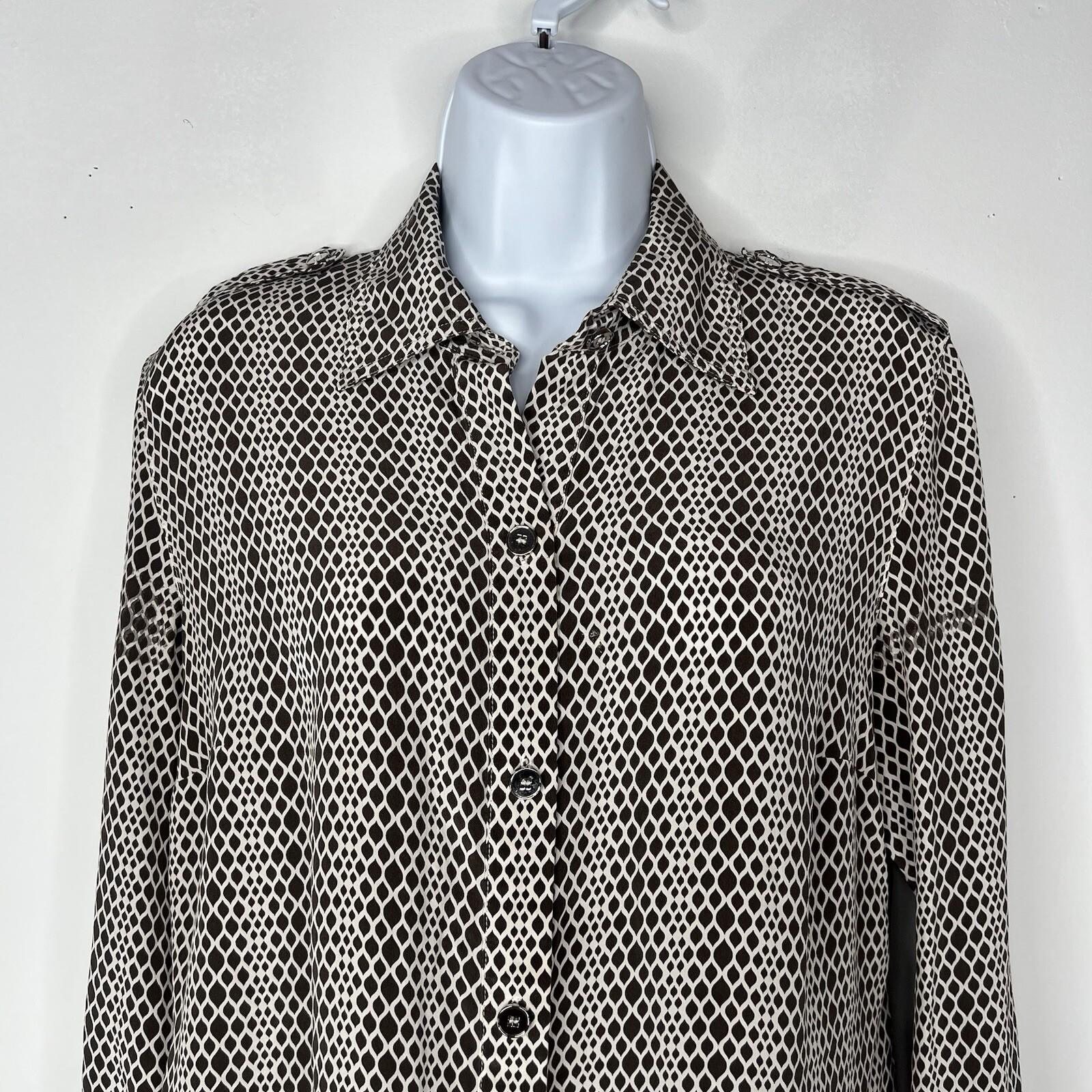 Talbots Pure Silk Button Down Shirt Size 10 Grey White Long Sleeve Dressy Collar