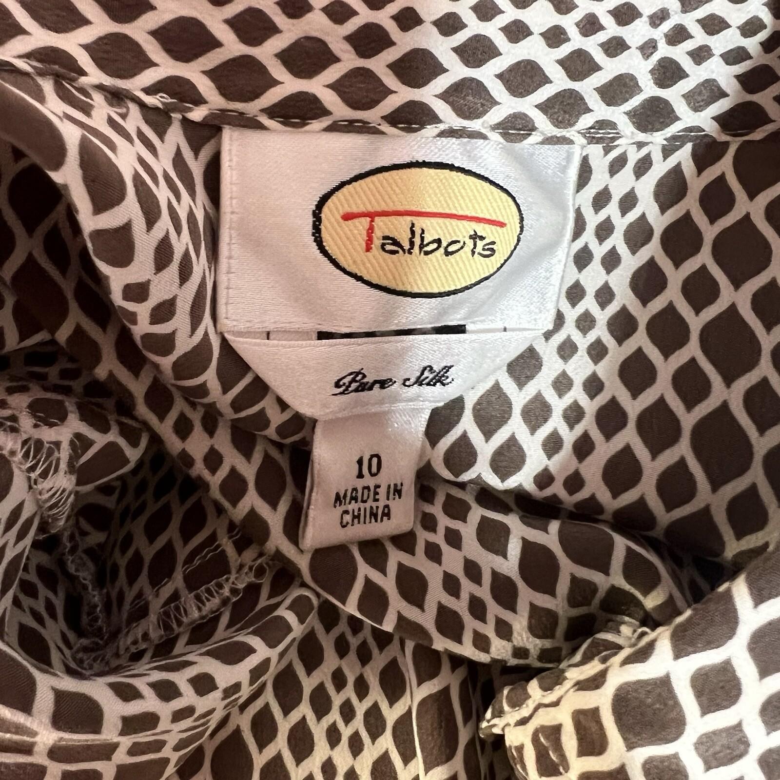 Talbots Pure Silk Button Down Shirt Size 10 Grey White Long Sleeve Dressy Collar