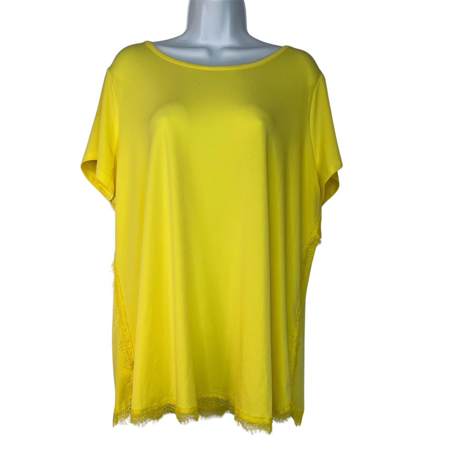 Jason Wu Jersey Stretch Top Size 1X Yellow Fringe Scallop Hem Short Sleeve