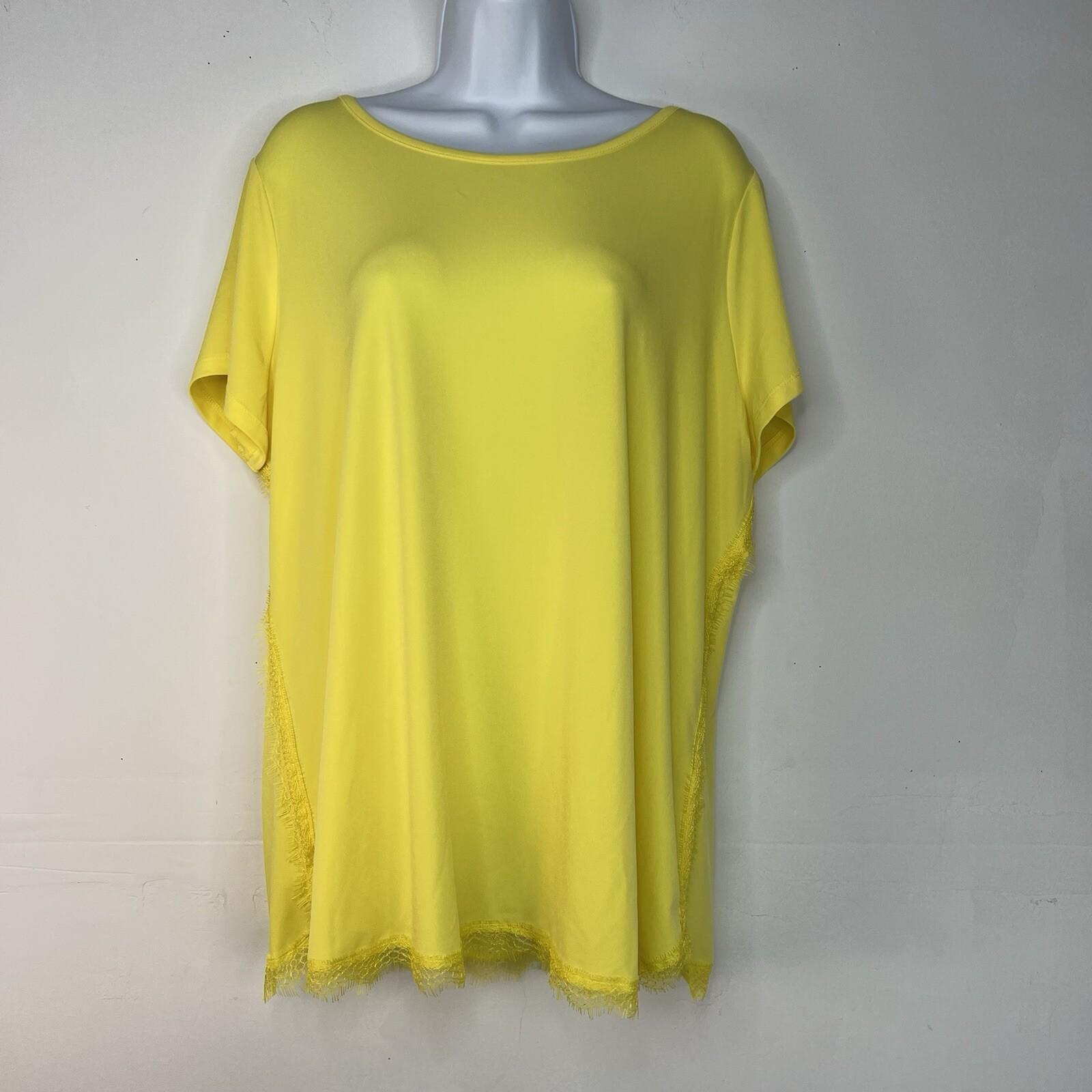 Jason Wu Jersey Stretch Top Size 1X Yellow Fringe Scallop Hem Short Sleeve