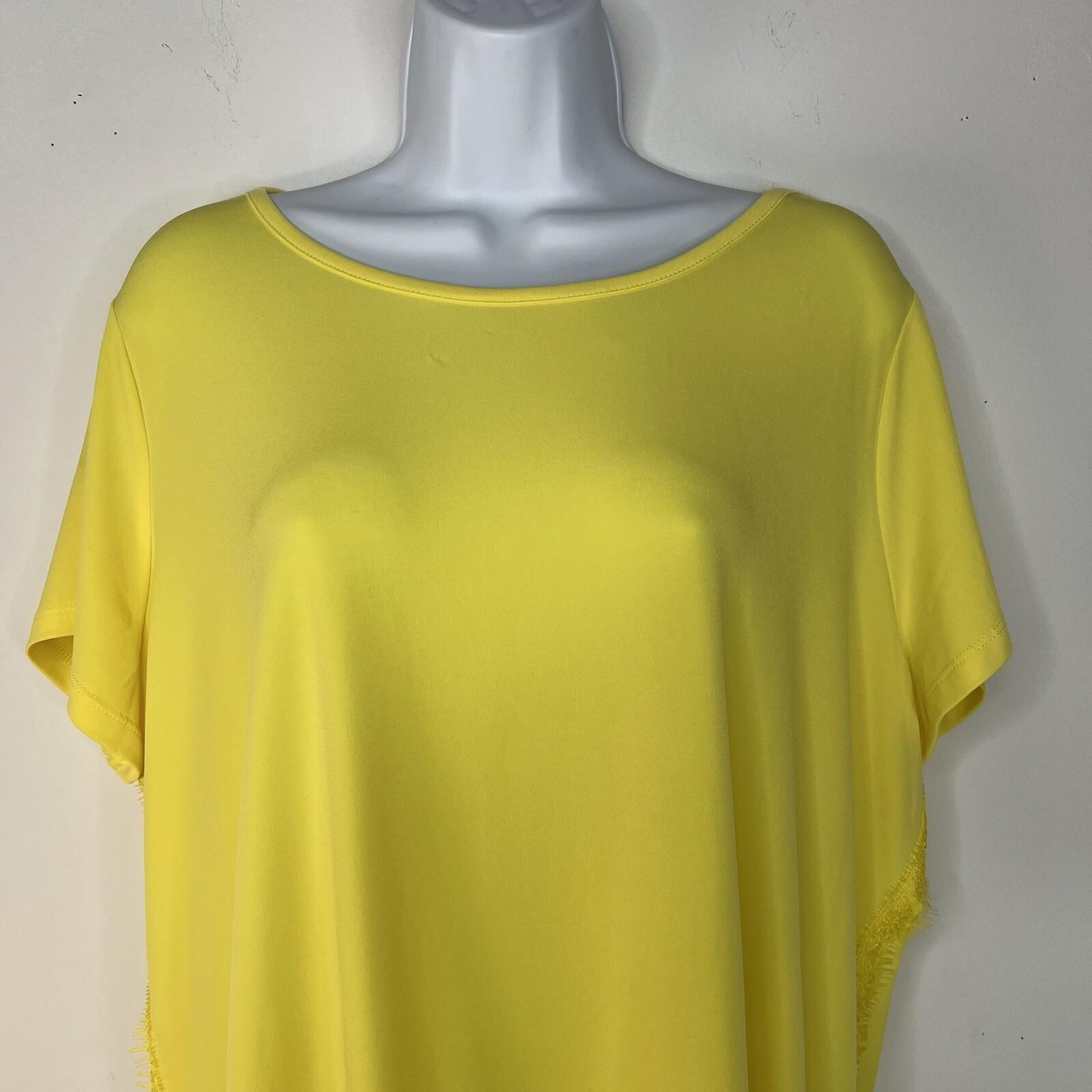 Jason Wu Jersey Stretch Top Size 1X Yellow Fringe Scallop Hem Short Sleeve