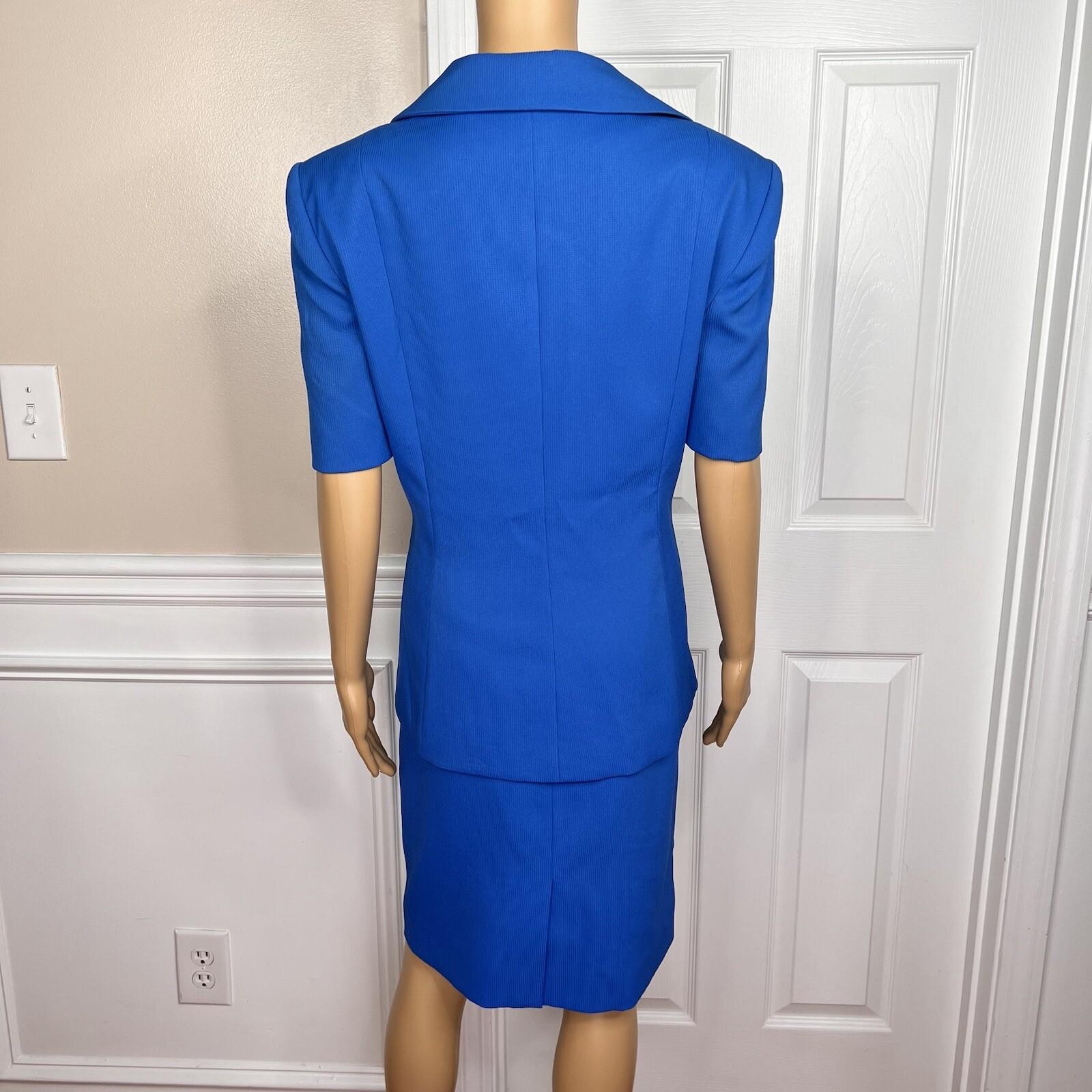 E R GERARD 2 PC Blue Double Breasted Short Sleeves Polyester Skirt Suit Size 14