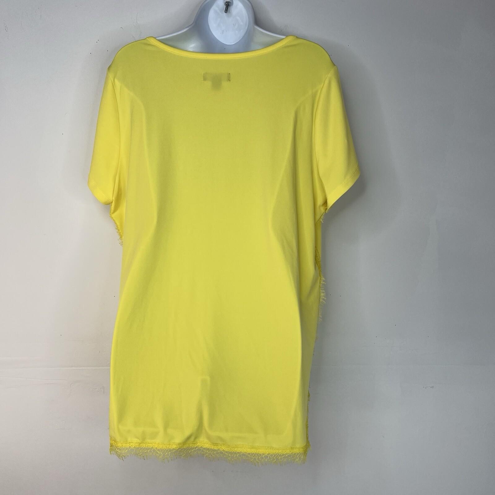 Jason Wu Jersey Stretch Top Size 1X Yellow Fringe Scallop Hem Short Sleeve