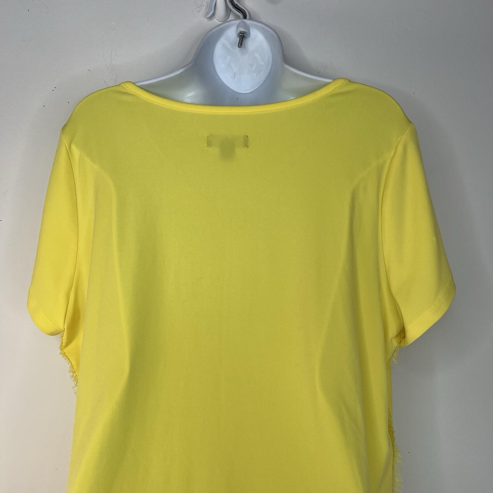 Jason Wu Jersey Stretch Top Size 1X Yellow Fringe Scallop Hem Short Sleeve
